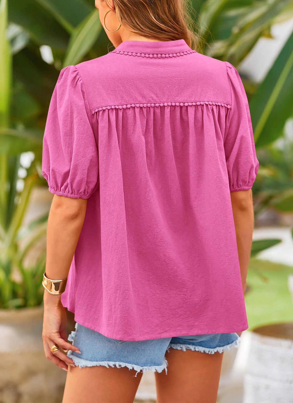 PRETTYGARDEN Women's Summer Button Down Shirts Short Lantern Sleeve V Neck Cotton Cute Dressy Casual Ladies Tops Blouses