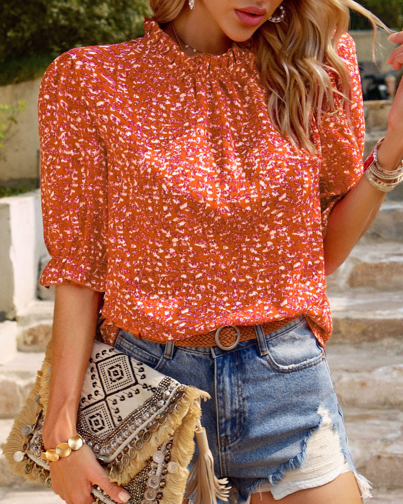 FreshPretty Women's Dressy Casual Blouses Business Work Tops Lace Trim Short Sleeve Office Shirts Summer Spring Outfits