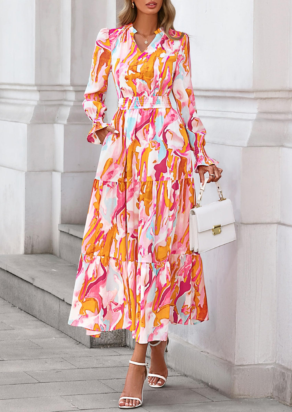 PRETTYGARDEN Women's Floral Maxi Dress Fall Long Sleeve V Neck Casual A Line Long Flowy Boho Party Dresses