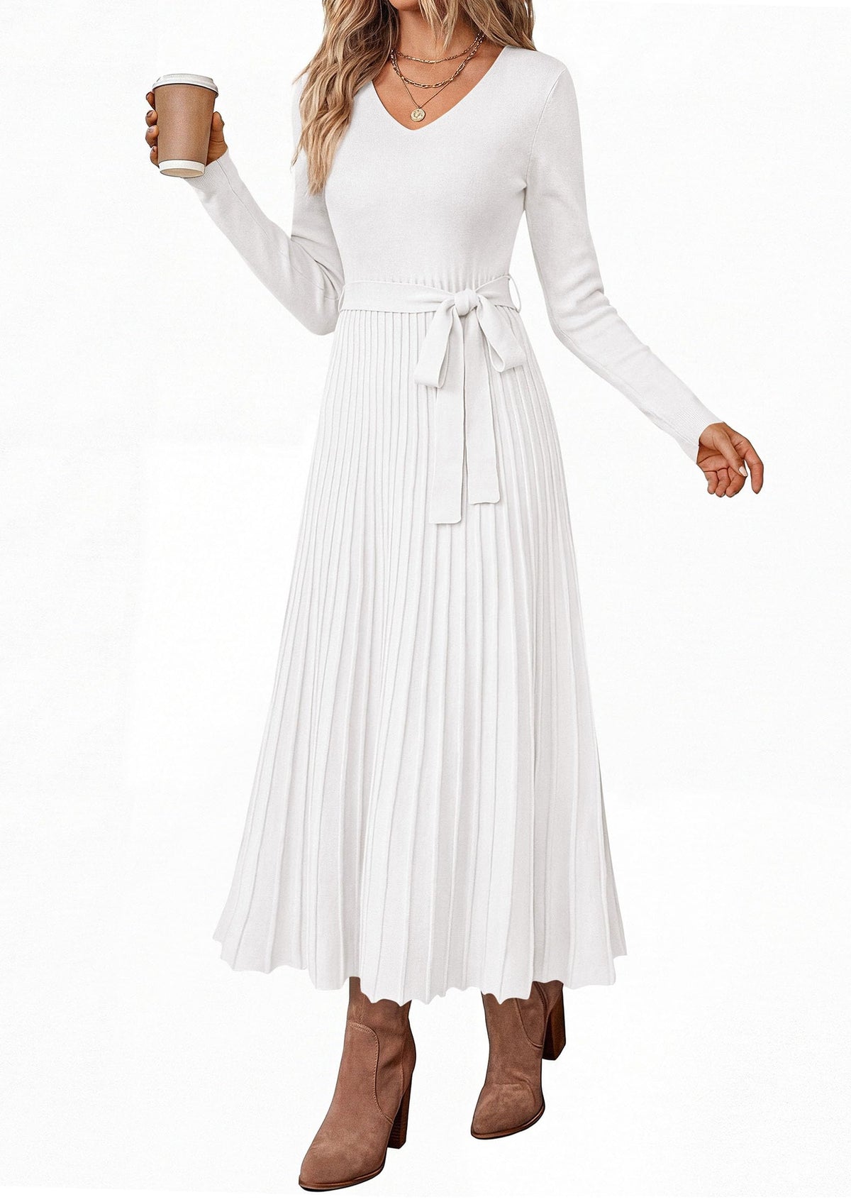 PRETTYGARDEN Womens Fall Maxi Long Sleeve Sweater Dress Soft Stretchy Knit, V Neck A Line Dresses with Bow, Flowy Pleated Hem, Cocktail Party Outfits, Trendy Winter Clothes
