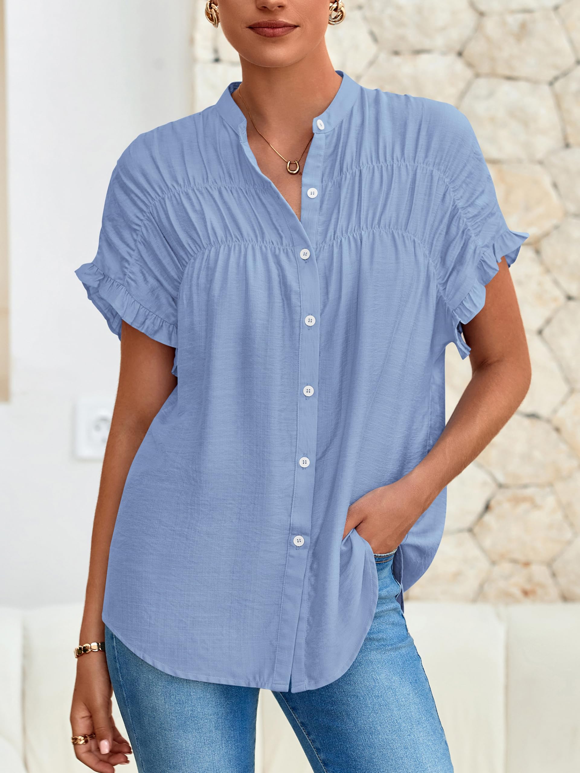 FreshPretty Womens Button Down Shirts Ruffle Short Sleeve Loose Summer Tops Dressy Casual V Neck Business Work Blouses