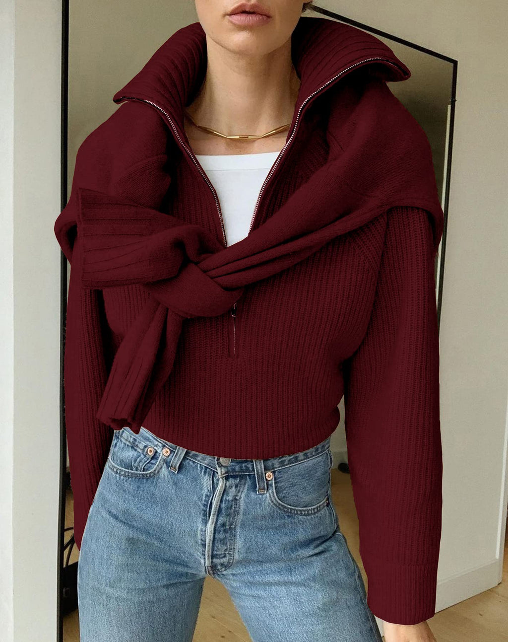 BTFBM Womens Sweaters Quarter Zip Pullover V Neck Collar Long Sleeve Ribbed Knit Loose Casual Winter Fall Sweater