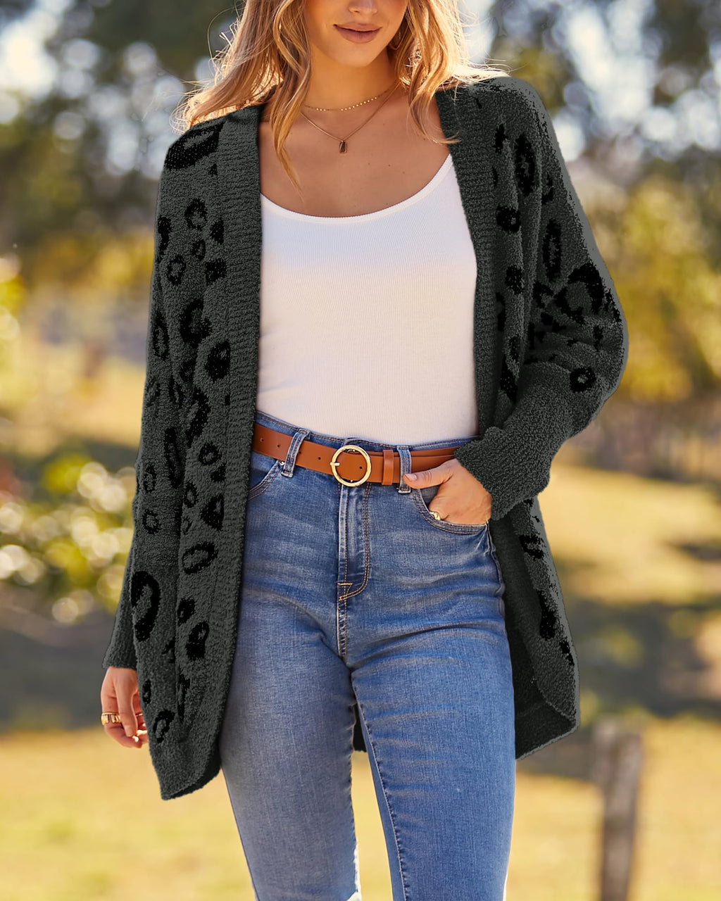 FreshPretty Leopard Cardigan for Women Long Sleeve Open Front Cardigans Sweaters Pockets Loose Knit Fall Winter Outwear