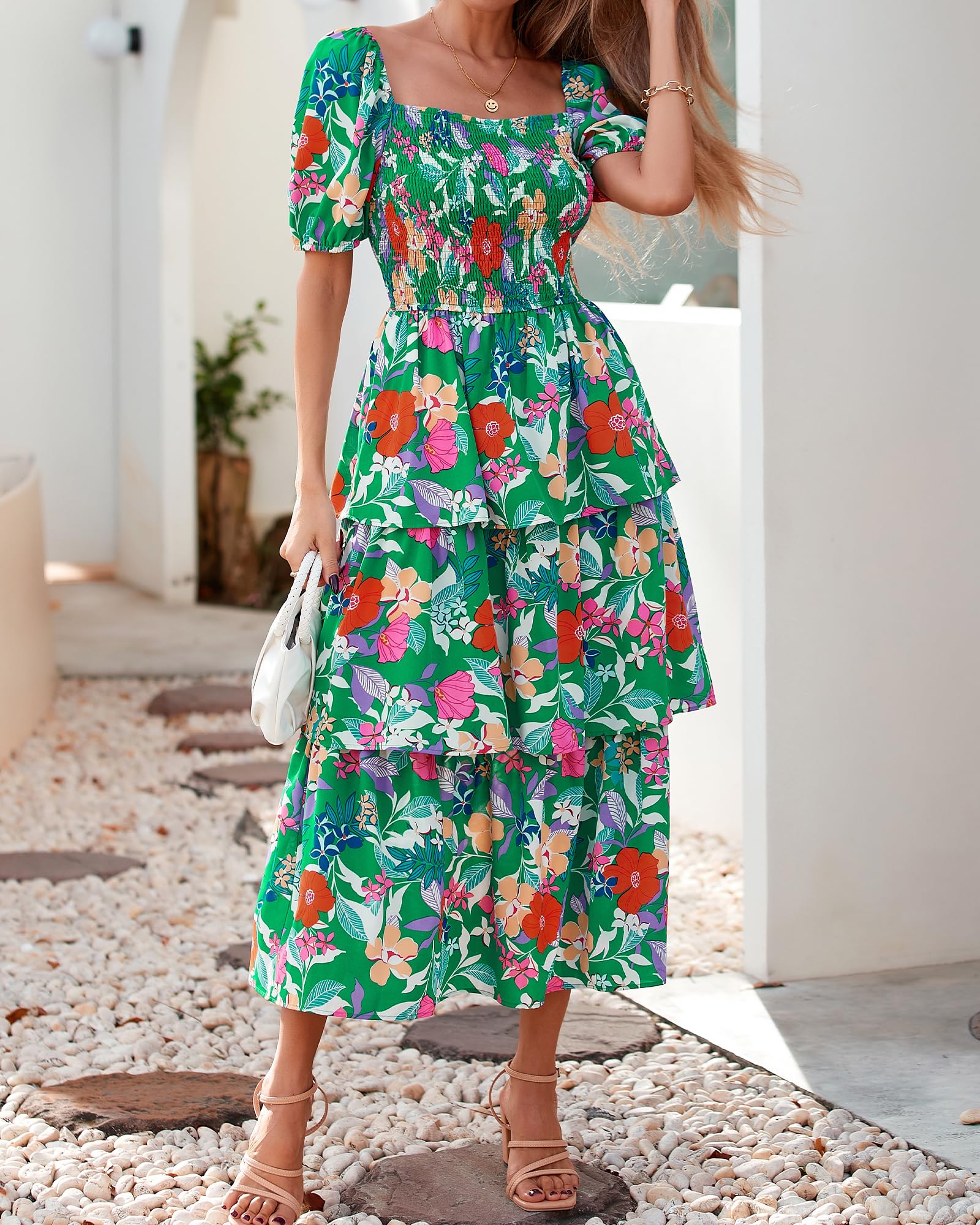 BTFBM Womens Square Neck Smocked Dress Summer Puff Short Sleeve Floral Casual Ruffle Tiered Maxi Wedding Guest Dresses