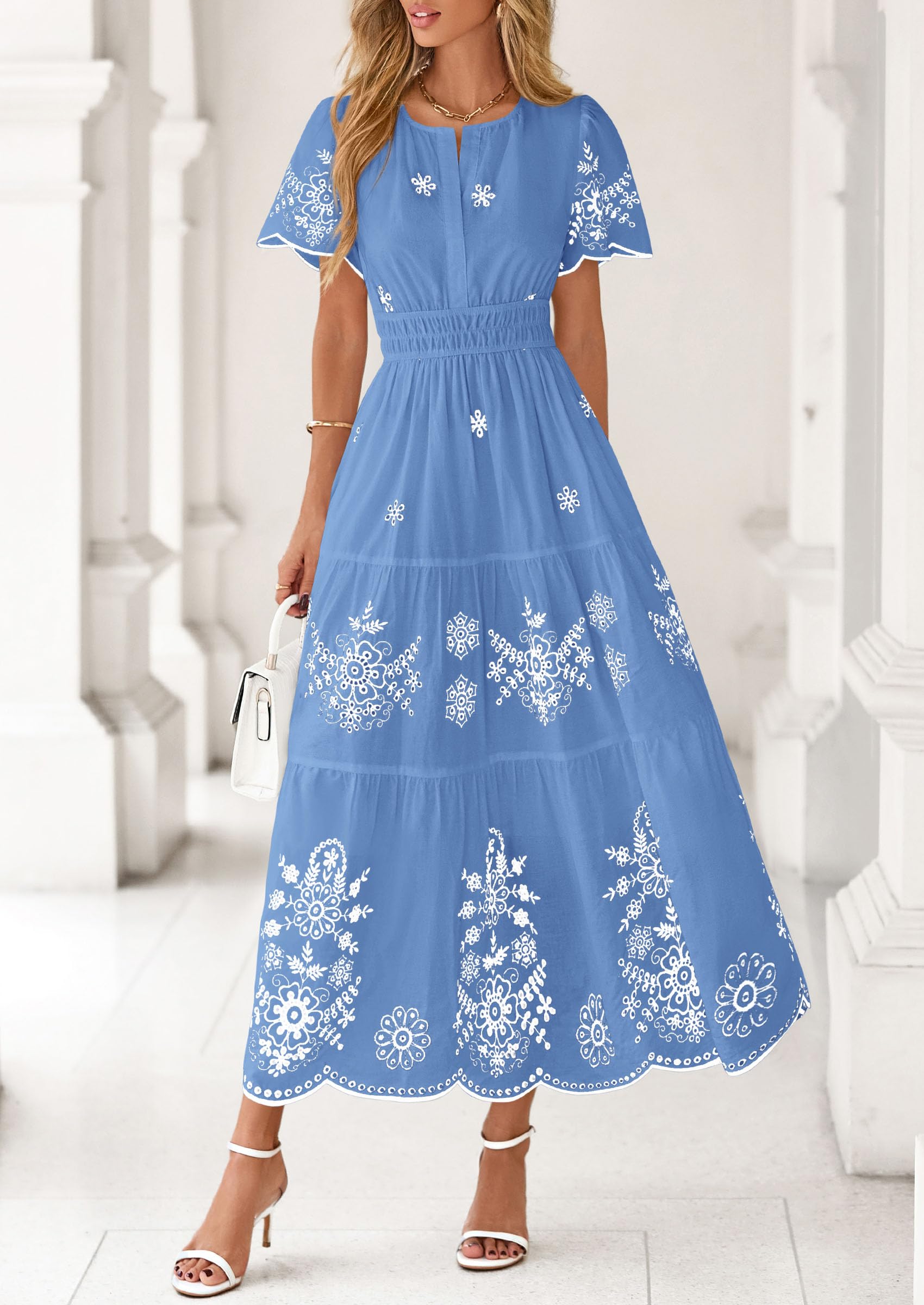 PRETTYGARDEN Boho Dresses for Women Summer Spring Casual Floral Short Sleeve V Neck Maxi Elastic Waist Dress Pockets