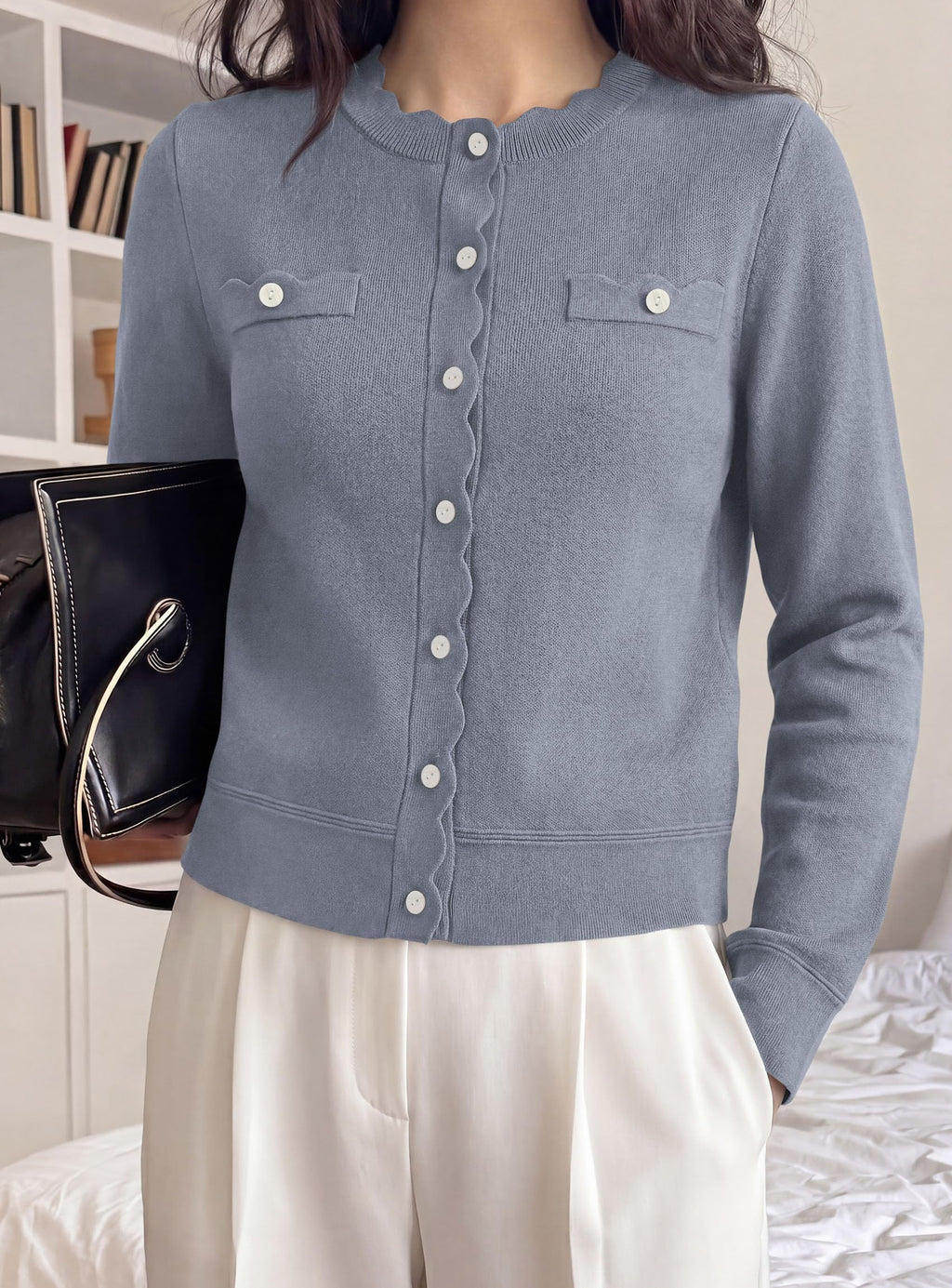 PRETTYGARDEN Cardigan Sweaters for Women Scalloped Button Up Fall Outfits Soft Knit Long Sleeve Knit Tops,Crew Neck,Business Casual Outfits,Office Work Lightweight Sweater,Layers Clothes