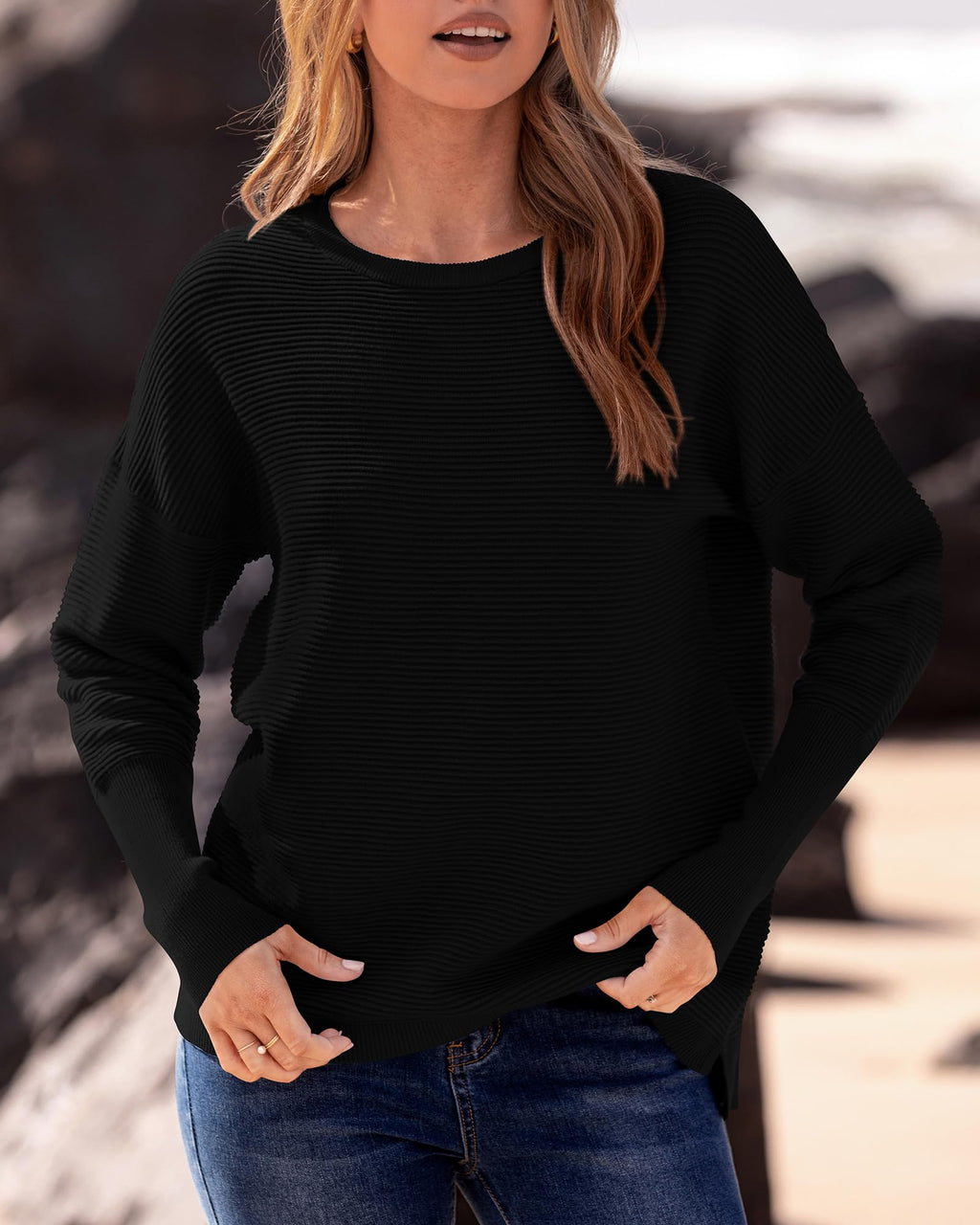 FreshPrettyFall Sweaters for Women Casual Long Sleeve Sweater Striped Loose Fit Pullover Tops