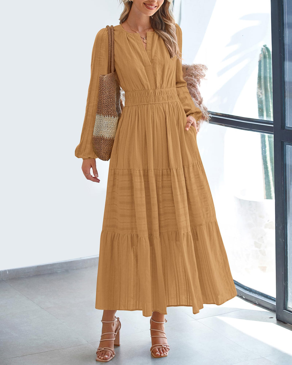 BTFBM Spring Dresses for Women 2026 Casual Long Sleeve V Neck Elastic Waist Lightweight Maxi Wedding Guest Dress Pockets