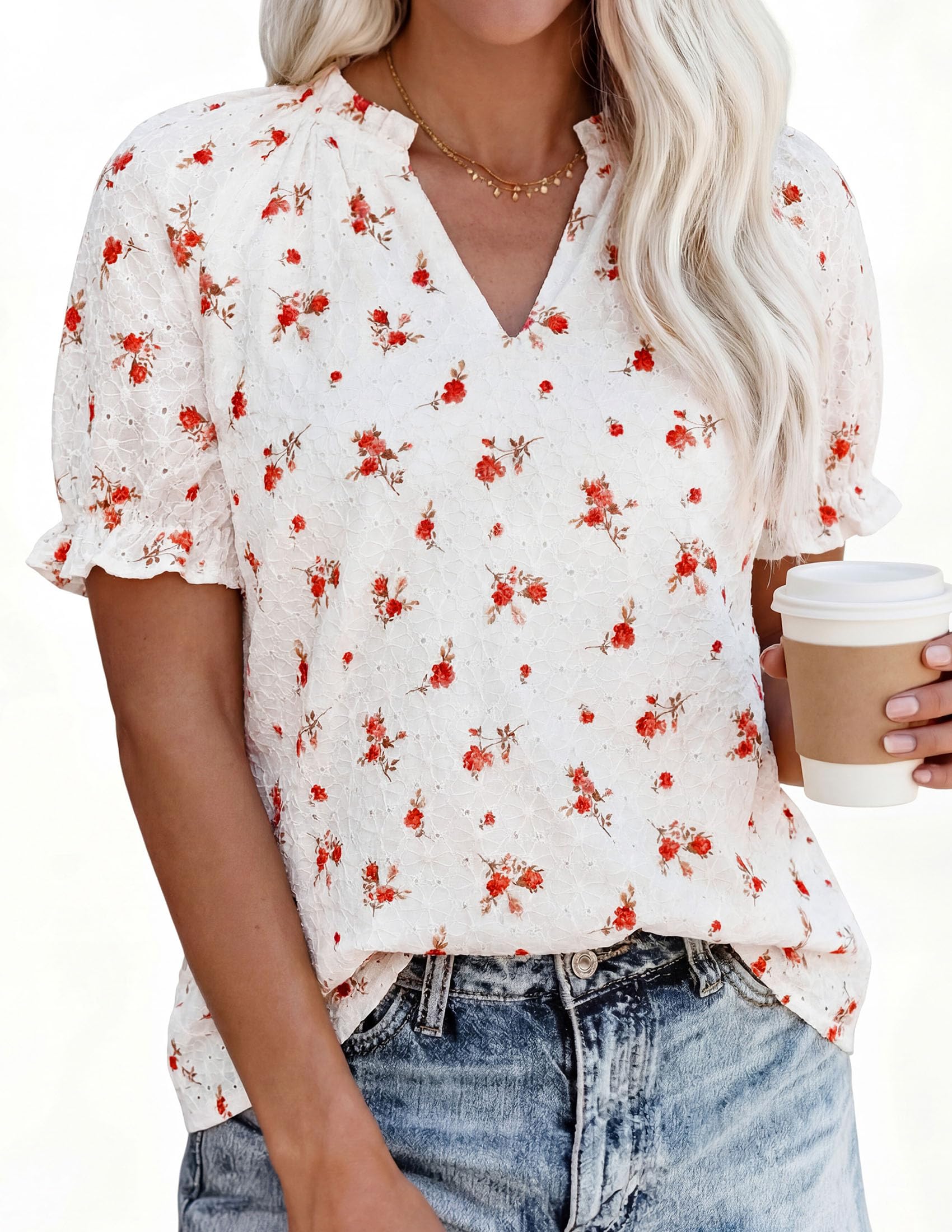 PRETTYGARDEN Summer Short Sleeve V Neck Shirts for Women Trendy Floral Print Loose Ruffle Tops Business Casual Blouses