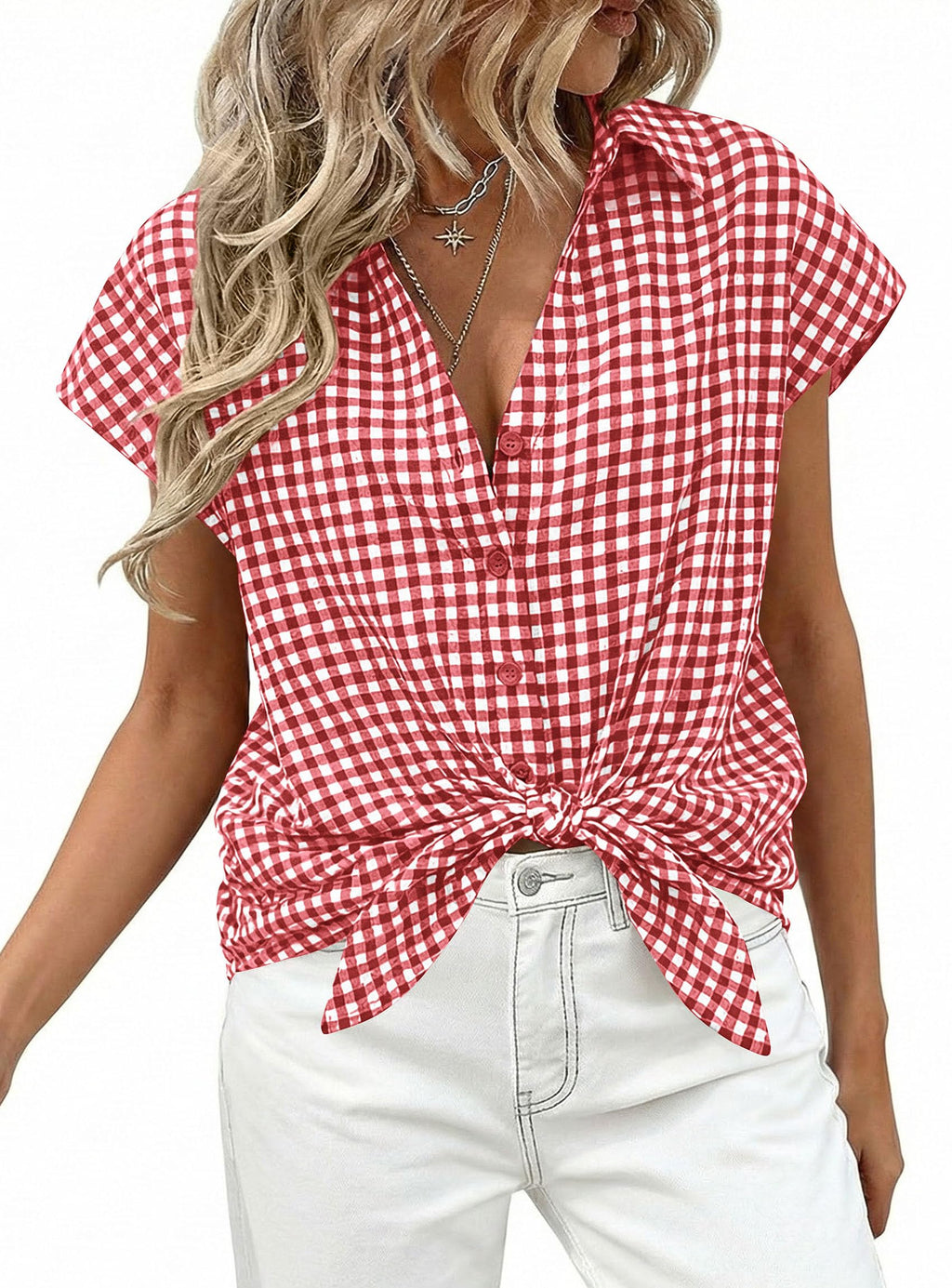 PRETTYGARDEN Womens Short Sleeve Shirts Plaid Button Down Blouse Dressy Casual Summer Spring Business Gingham Work Tops