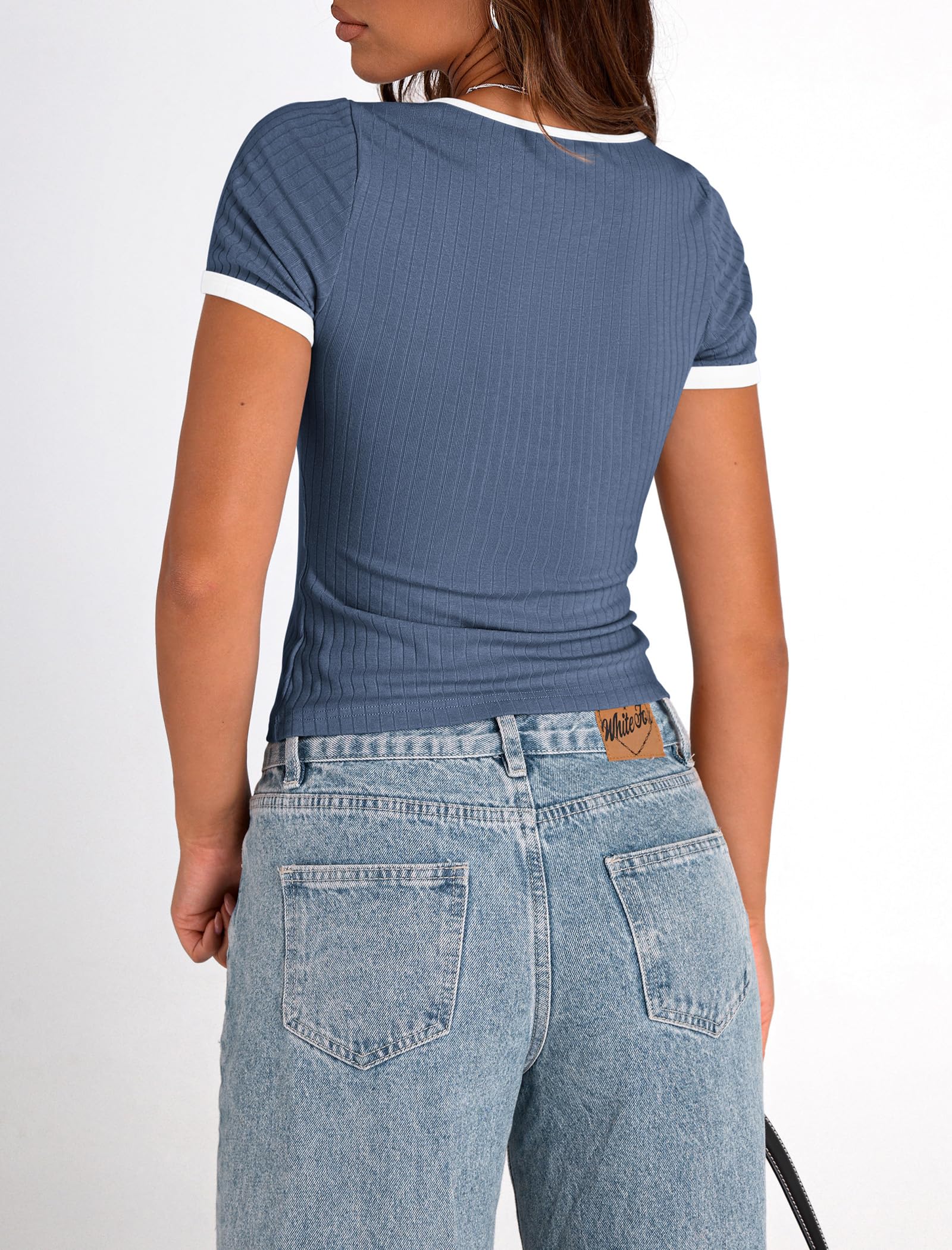 PRETTYGARDEN Women's Summer Short Sleeve T Shirts Ribbed Knit Square Neck Color Block Slim Fit Basic Casual Crop Tops Blouses