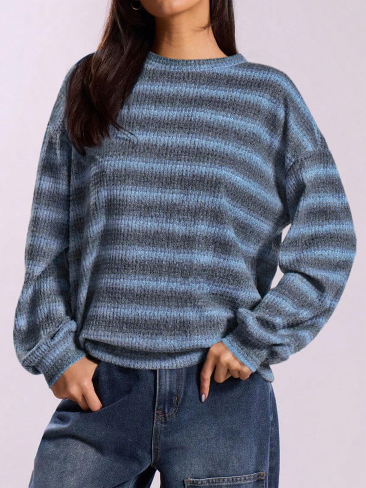 FreshPretty Striped Waffle Knit Tops for Women Lightweight Pullover Sweaters,Womens Fall Outfits,Basic Casual Crew Neck Long Sleeve Top,Trendy Loose Blouses Daily Wear,Winter Layering Clothes