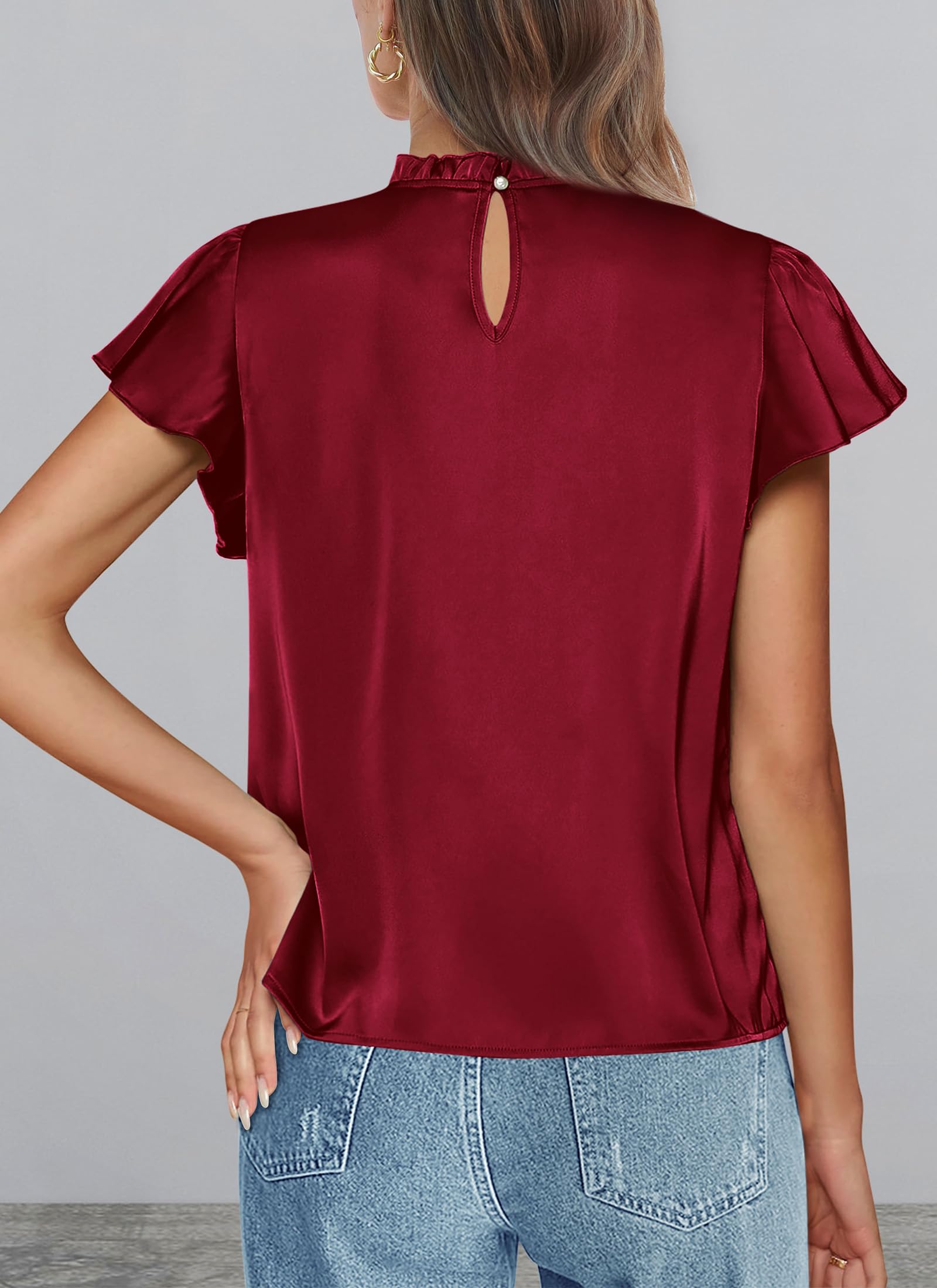 PRETTYGARDEN Business Casual Tops for Women Blouses Dressy  Summer Short Sleeve Ruffle Satin Work Office Attire