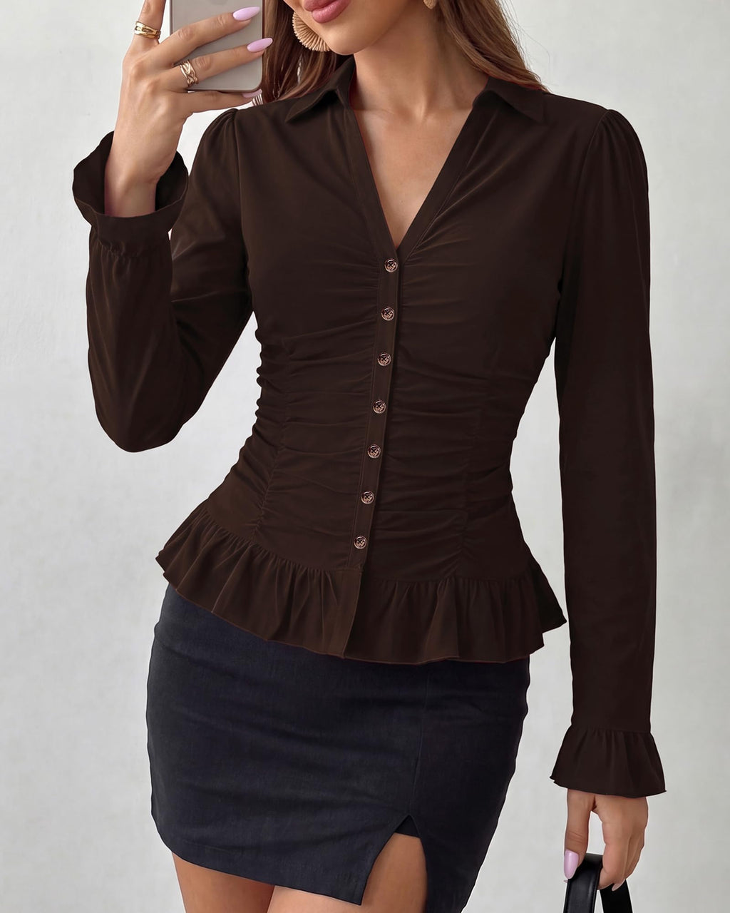 BTFBM Fitted Button Down Shirts for Women Dressy Casual Tops Collar V Neck Long Sleeve Ruched Tops, Stretchy Ruffle Blouses, Fall Fashion Clothing, Work Date Night Going Out Outfits