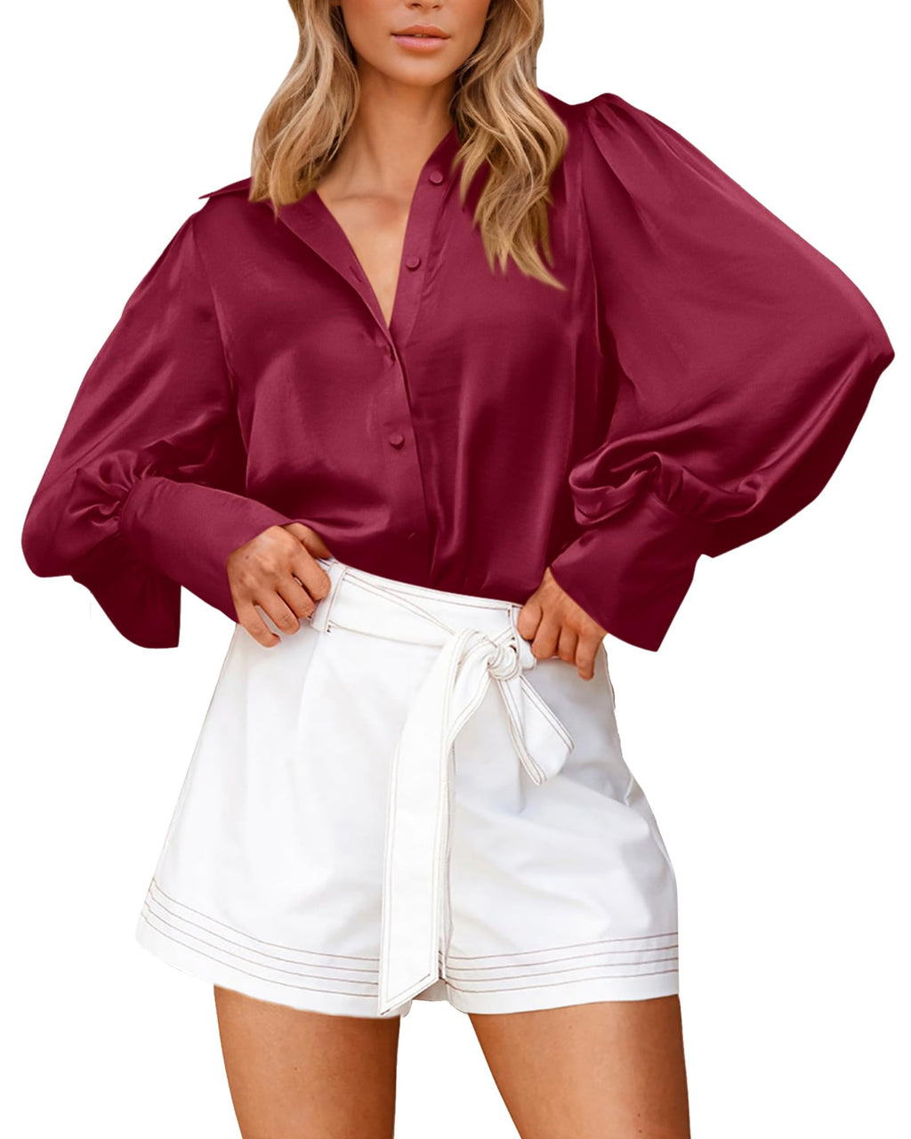 BTFBM Women Satin Blouses Summer Fall Clothes Button Down Lantern Long Sleeve Shirts Work Business Casual Dressy Tops