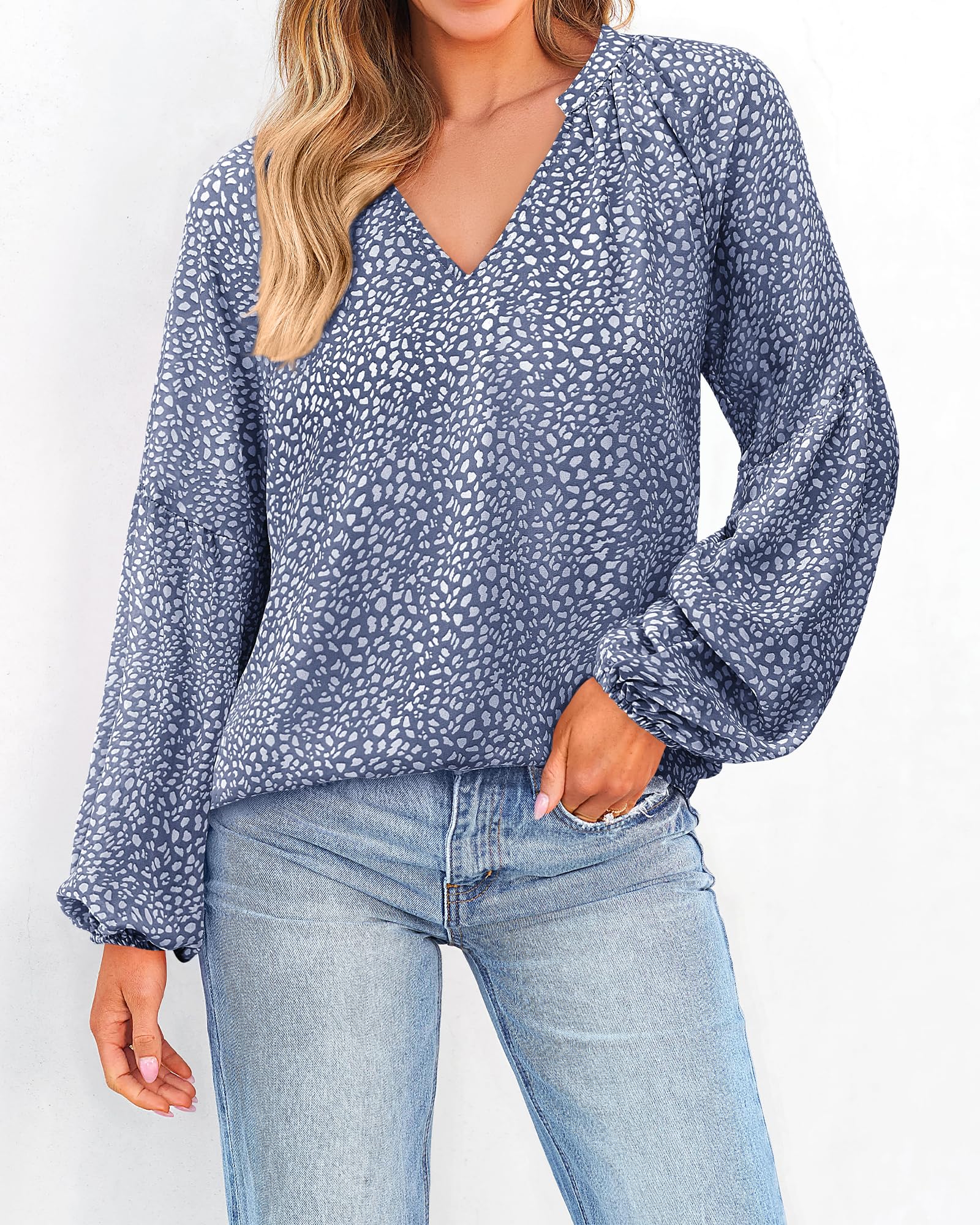 FreshPretty Blouses for Women Floral Boho Tops V Neck Lightweight Long Sleeve Shirts Fall Dressy Casual Vacation Outfits