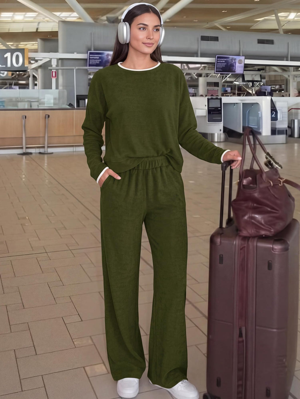 FreshPretty 2 Piece Matching Lounge Sets for Women Fall Outfits,Airport Travel Outfit,Postpartum Going Home,Cute Comfy Loungewear,Boat Neck Long Sleeve Top,Wide Leg Pants,Winter Clothes