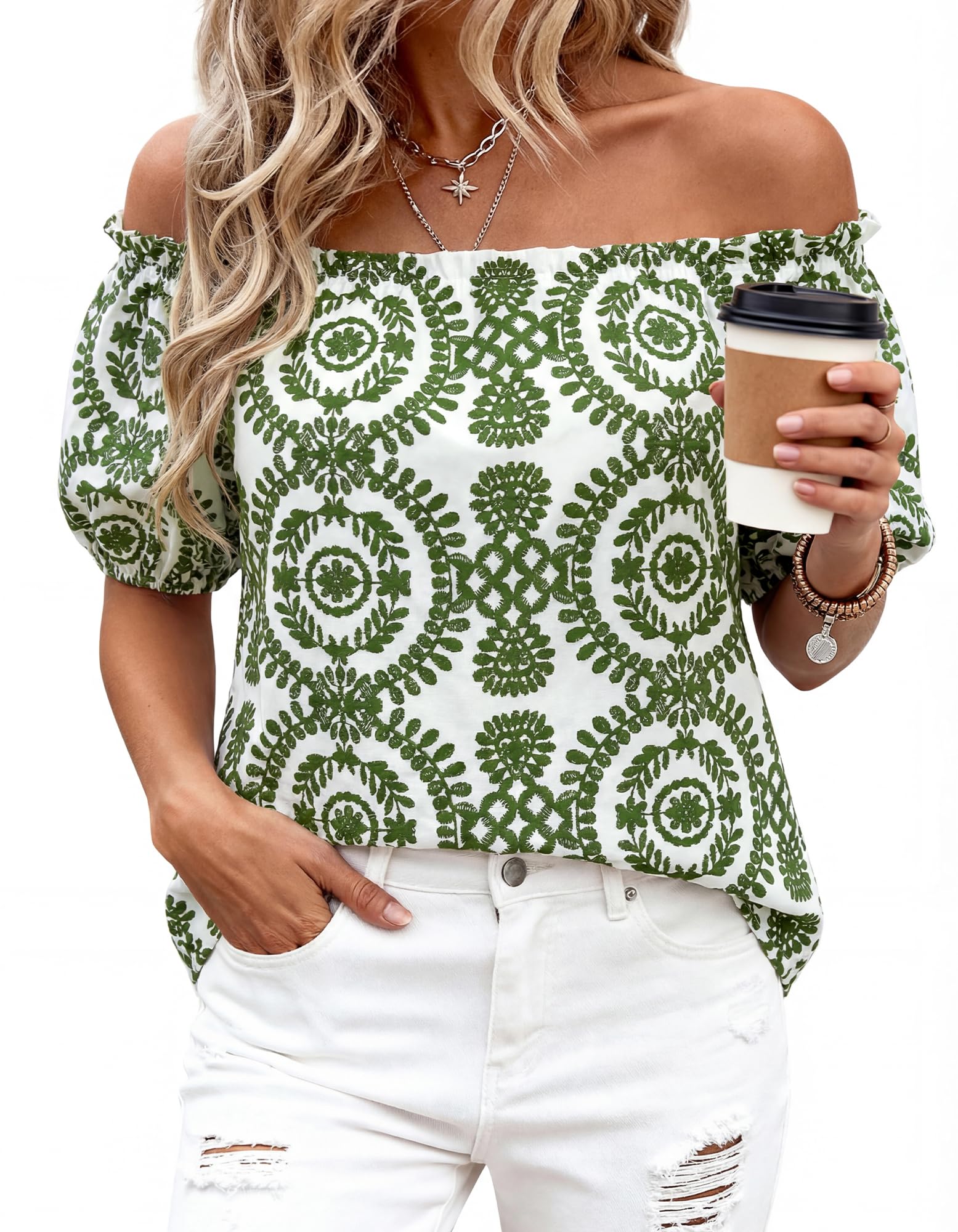 BTFBM Off The Shoulder Spring Tops for Women Summer Blouses Boho Floral Short Sleeve Shirts Dressy Casual Outfits