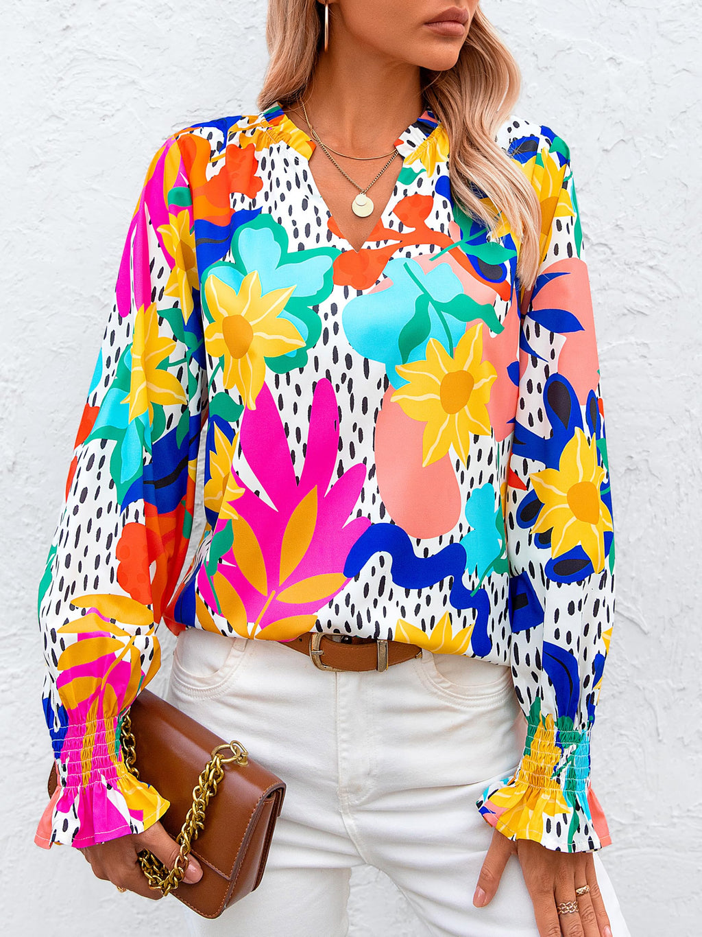 FreshPretty Womens V Neck Floral Long Sleeve Tops Summer Casual Loose Puff Sleeve Chiffon Boho Work Blouse Dressy T Shirts