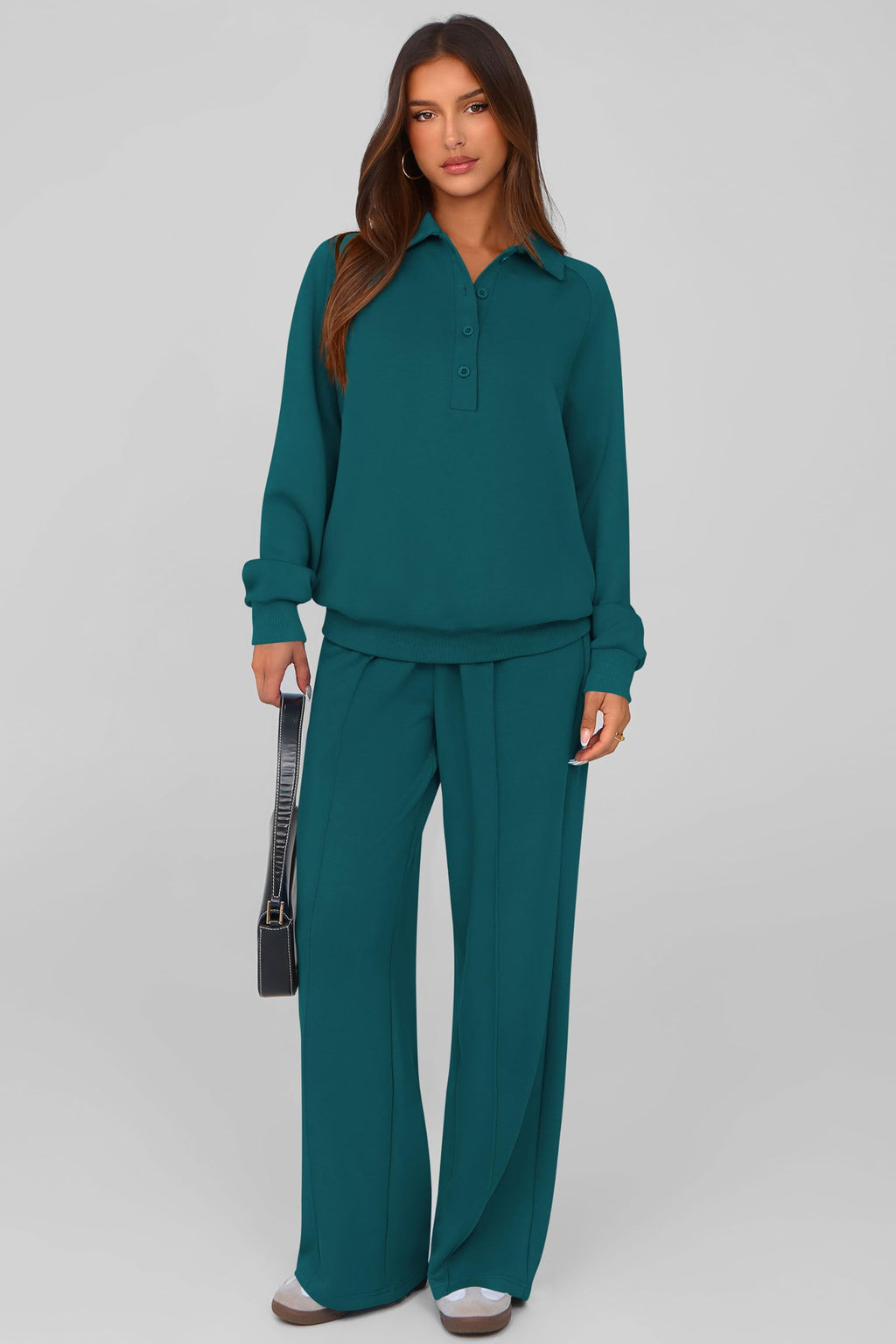 PRETTYGARDEN Women Fall 2 Piece Outfits Sweatsuits Lounge Sets Quarter Button Long Sleeve Sweatshirt, Wide Leg Sweat Pants, Casual 2 Piece Sets Tracksuit, Airport Travel Outfits for Women
