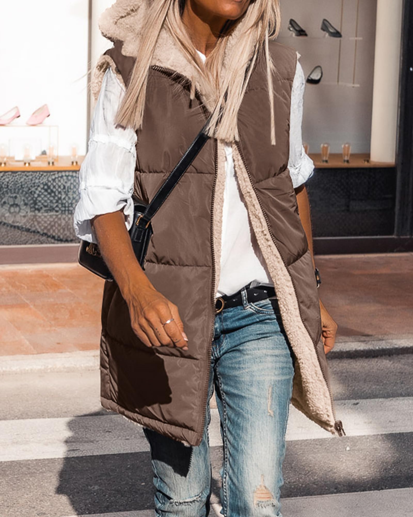 BTFBM Long Puffer Vest Women Fleece Sherpa Jacket Sleeveless Hooded Reversible Zip Up Winter Coat Fall Vests Outerwear