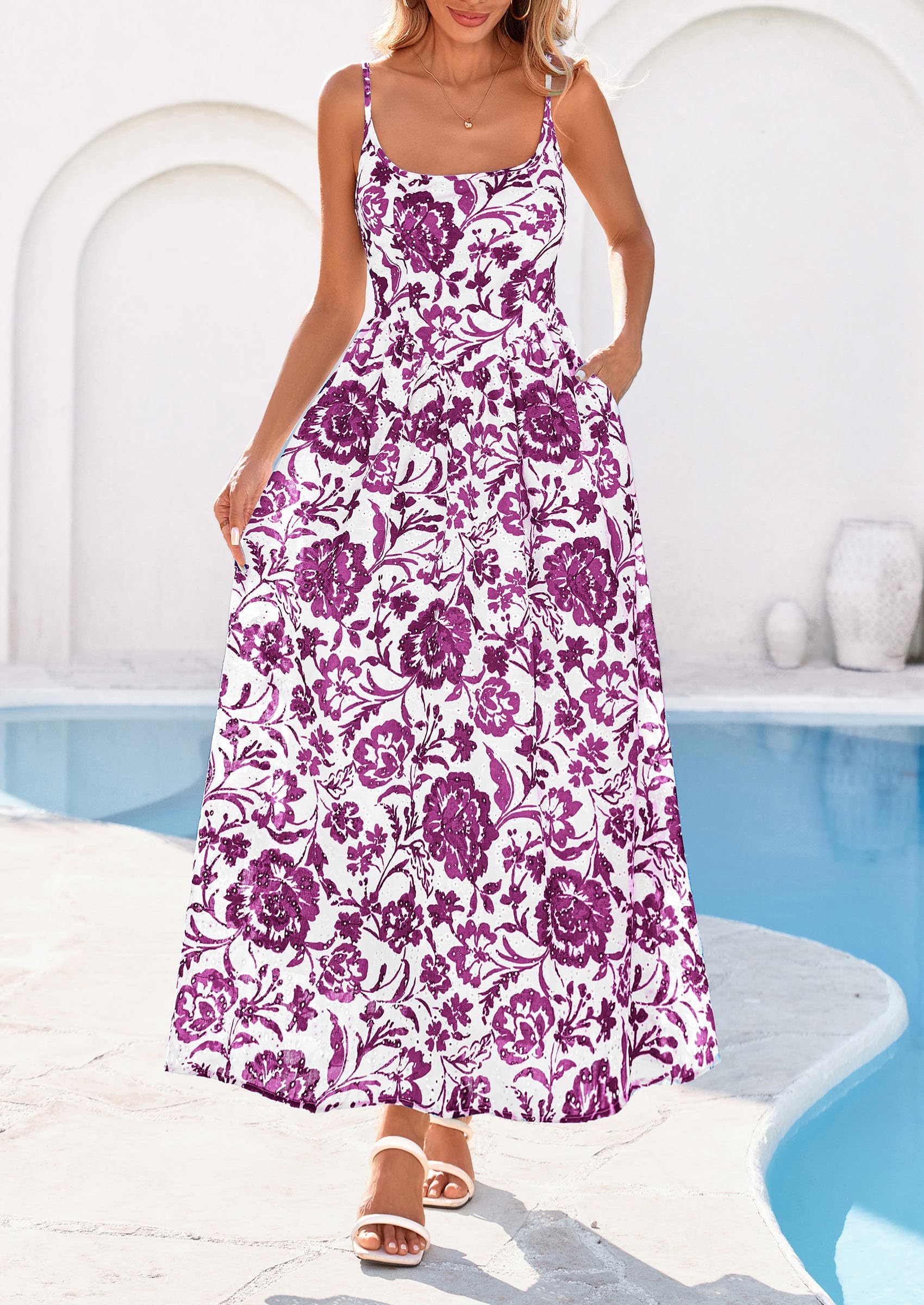 PRETTYGARDEN Womens Spring Boho Maxi Dress Eyelet Floral Long Flowy Sundresses Summer Beach Vacation Clothes