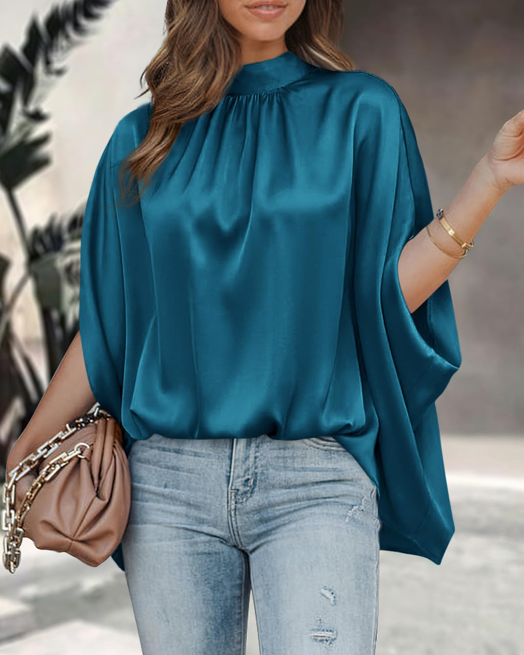 BTFBM Womens Summer Tops Mock Neck Batwing Sleeve Silk Satin Shirts Loose Oversized Dressy Casual Spring Blouses
