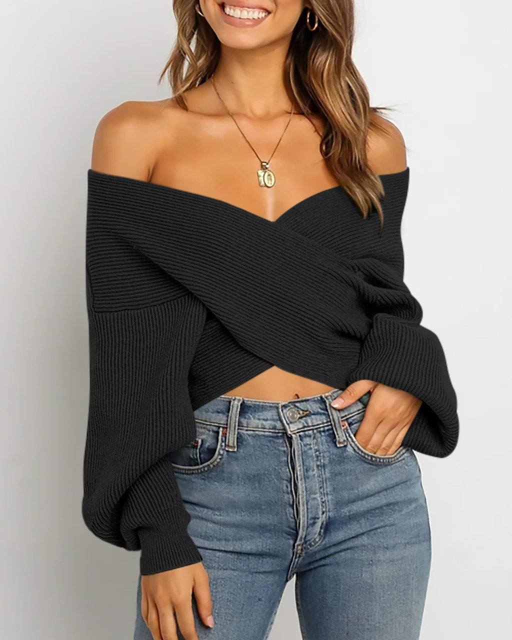 BTFBM Off The Shoulder Sweater for Women Winter Fall Fashion V Neck Long Sleeve Ribbed Knit Wrap Cropped Sweaters