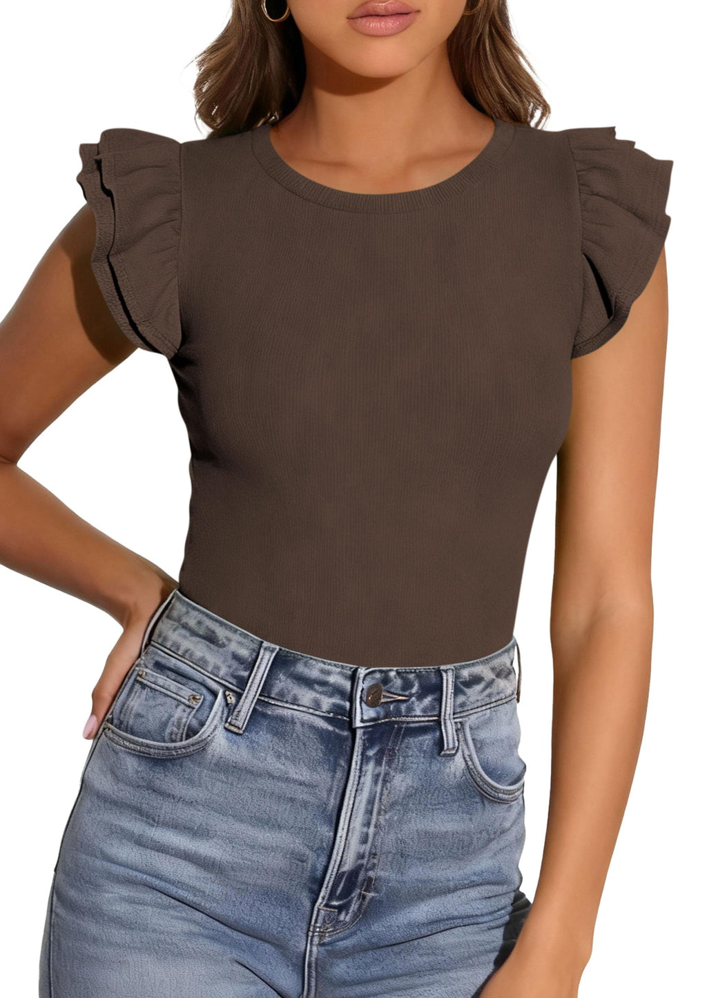 PRETTYGARDEN Womens Summer Crew Neck T Shirts Trendy Ruffle Sleeve Slim Fit Knit Going Out Tops Casual Spring Clothes