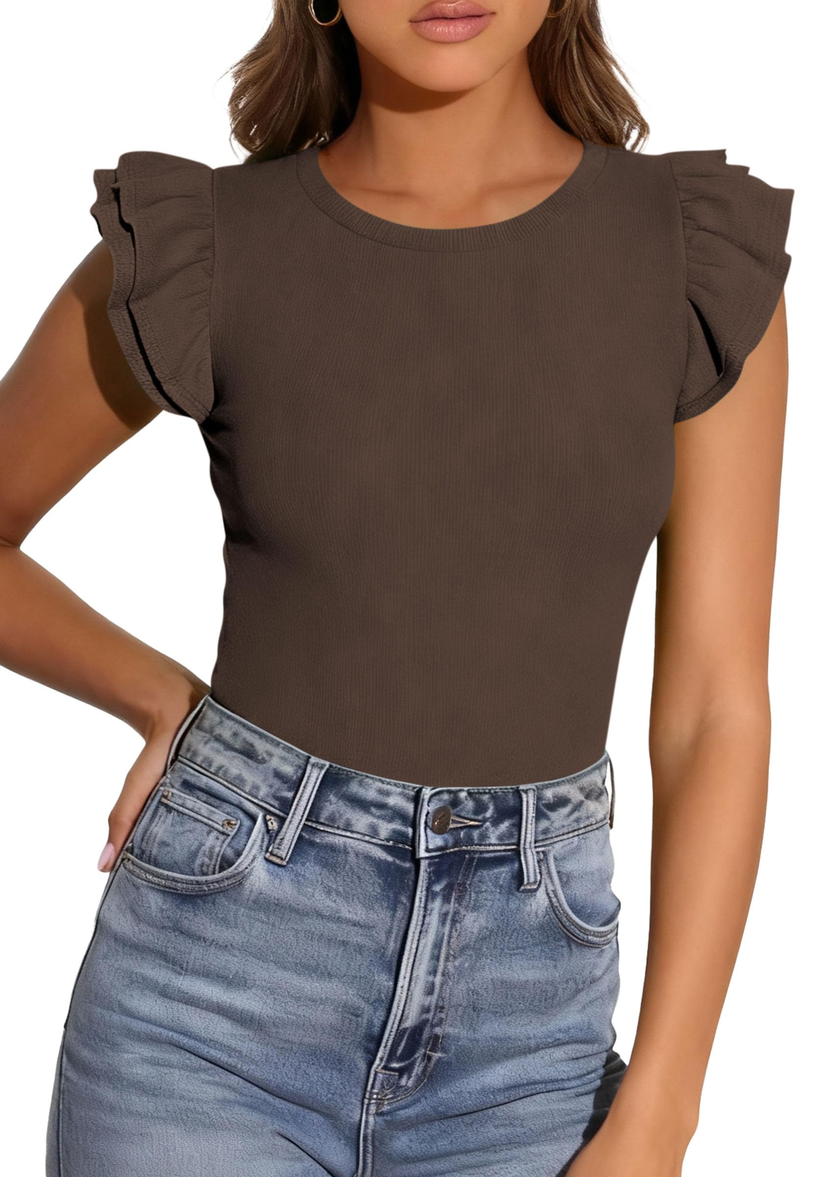 PRETTYGARDEN Womens Summer Crew Neck T Shirts Trendy Ruffle Sleeve Slim Fit Knit Going Out Tops Casual Spring Clothes