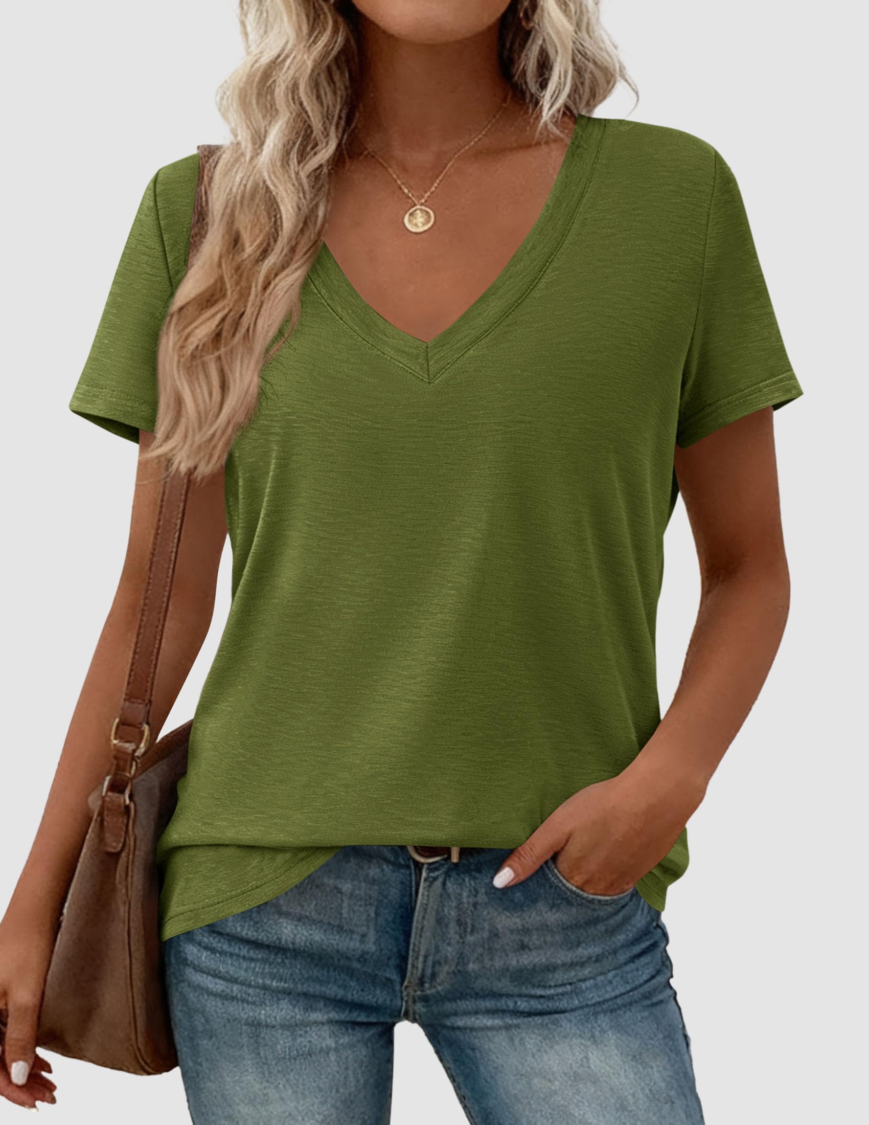 PRETTYGARDEN Womens Tops Short Sleeve Oversized Tshirts Shirts Summer Casual V Neck Loose Basic Tees Spring Tunic Blouse