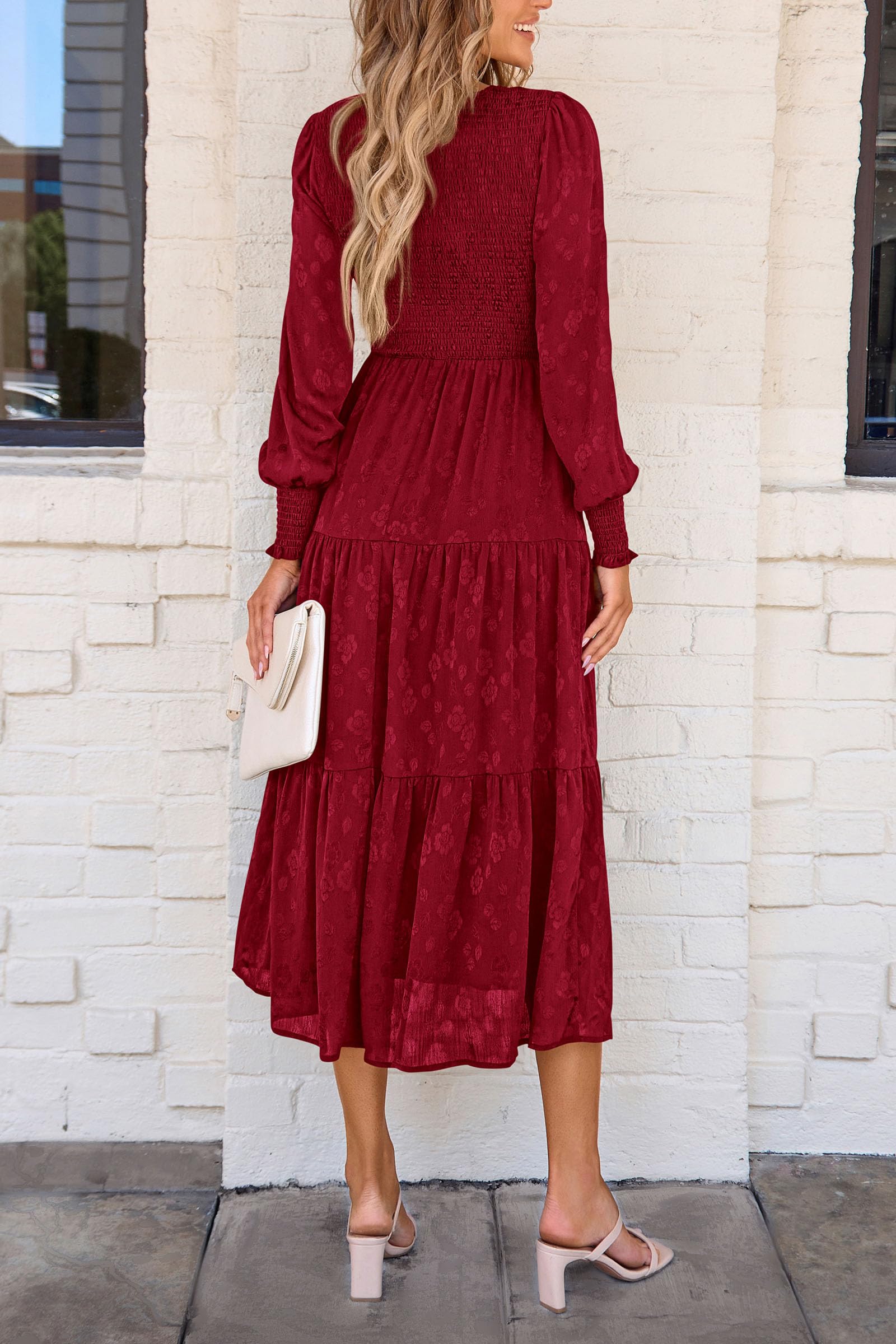 PRETTYGARDEN Women's Fall Spring Midi Dress Long Sleeve Floral Smocked Elegant Wedding Guest Long Flowy Dresses with Pockets