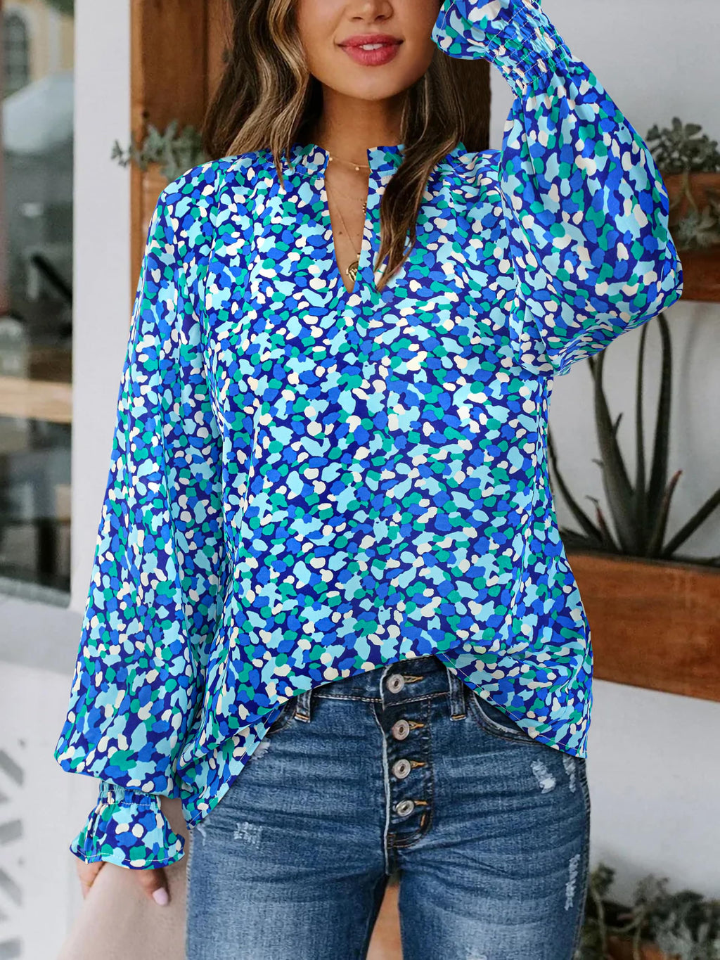 FreshPretty Womens V Neck Floral Long Sleeve Tops Summer Casual Loose Puff Sleeve Chiffon Boho Work Blouse Dressy T Shirts