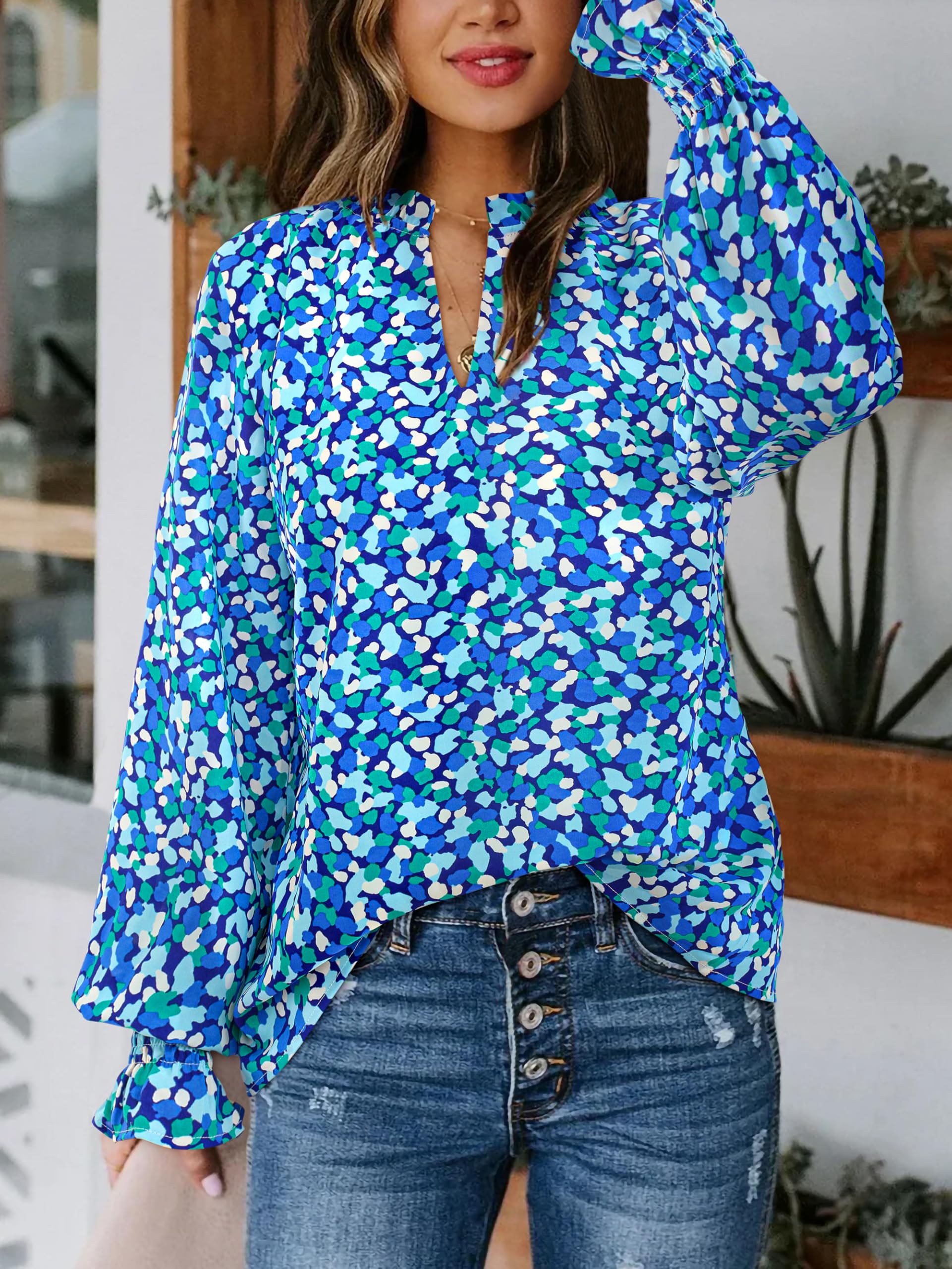FreshPretty Womens V Neck Floral Long Sleeve Tops Summer Casual Loose Puff Sleeve Chiffon Boho Work Blouse Dressy T Shirts