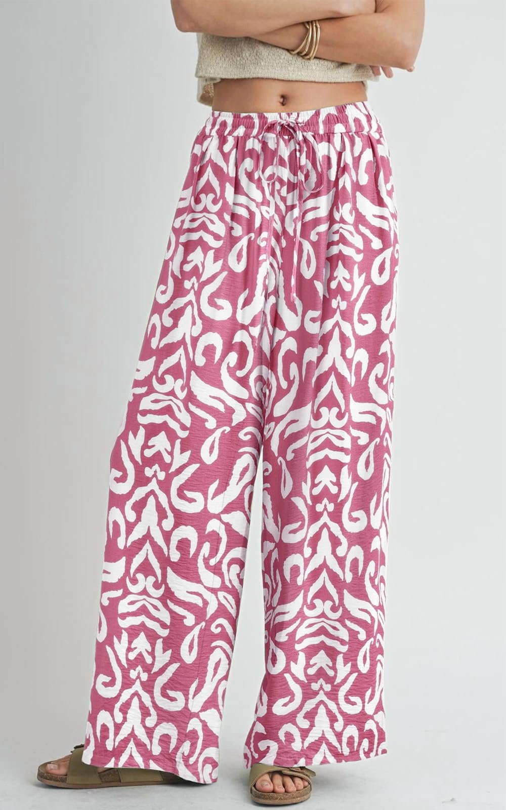 PRETTYGARDEN Womens Pants Elastic Waist Floral Lightweight Palazzo Pants for Women Casual Lounge Wide Leg Pants Woman