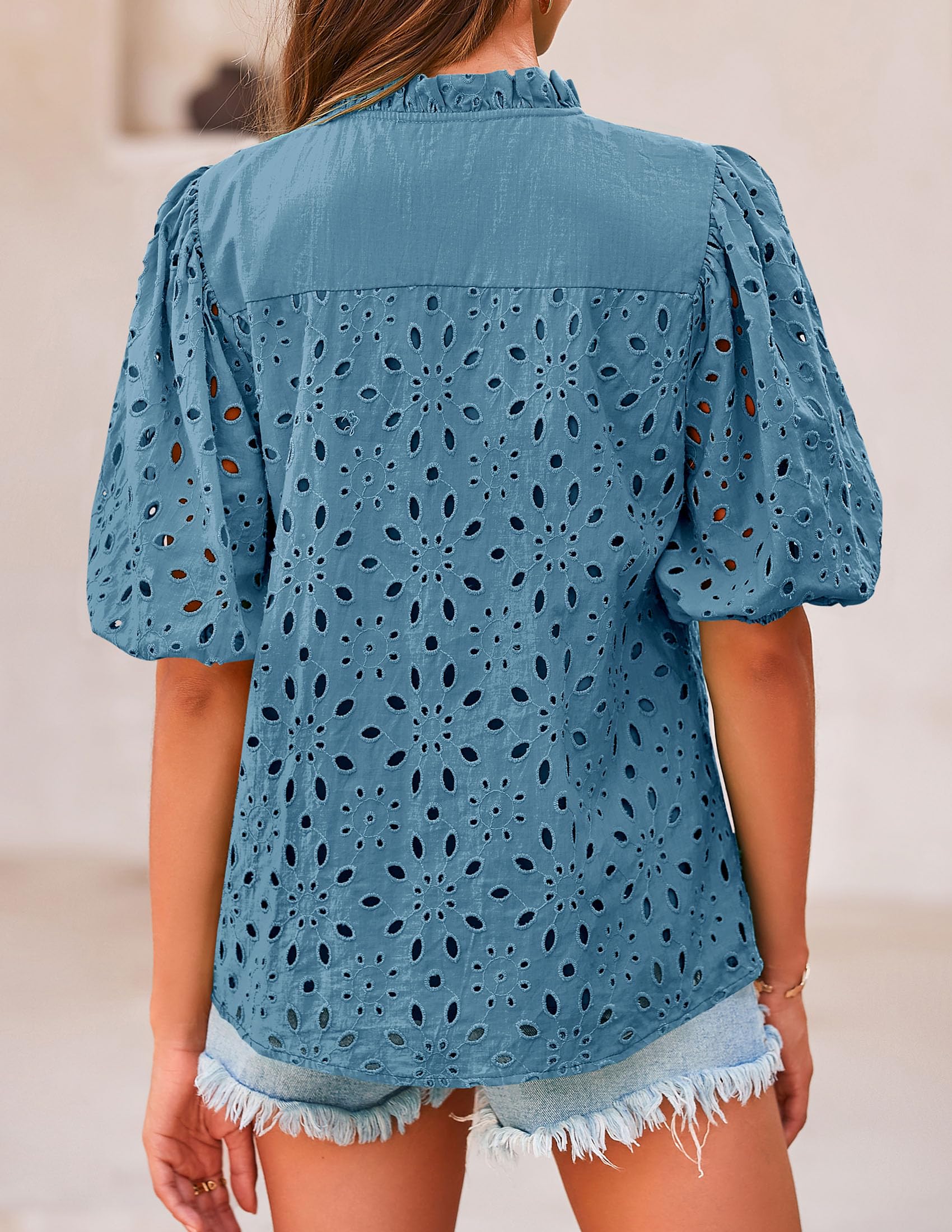 PRETTYGARDEN Women's Summer Tops Dressy Casual Short Sleeve V Neck Buttons Hollow Out Lace Embroidered Blouses Shirts