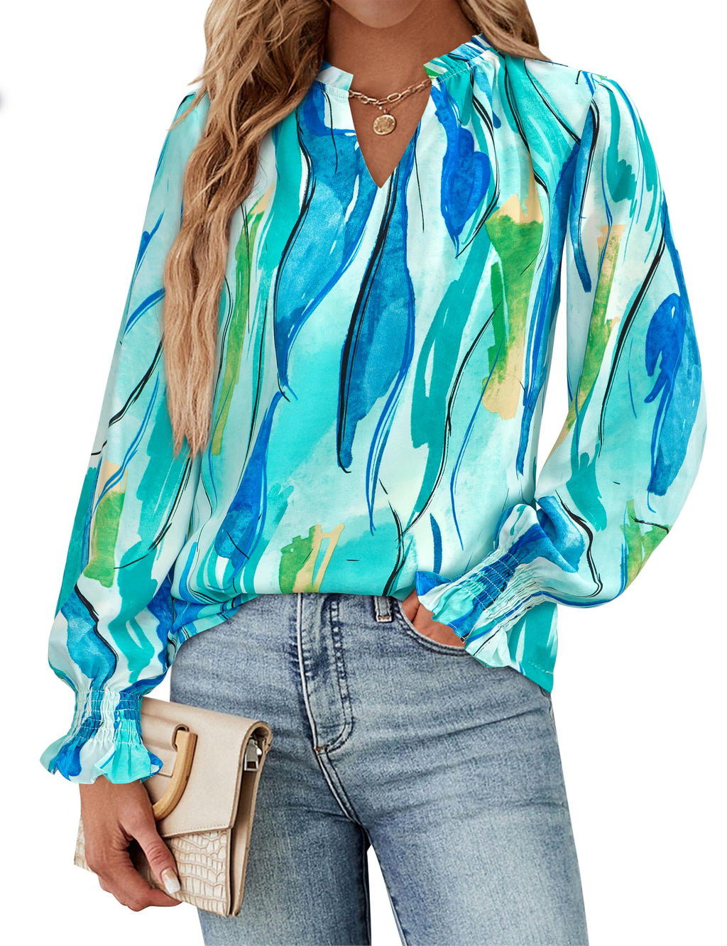 FreshPretty Womens V Neck Floral Long Sleeve Tops Summer Casual Loose Puff Sleeve Chiffon Boho Work Blouse Dressy T Shirts
