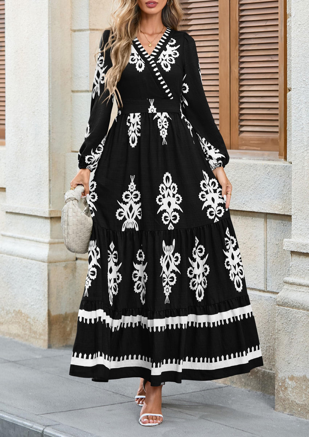 PRETTYGARDEN Women's Fall Wedding Guest Dresses Boho Floral Long Sleeve V Neck Flowy Elegant Maxi Dress Beach Clothes