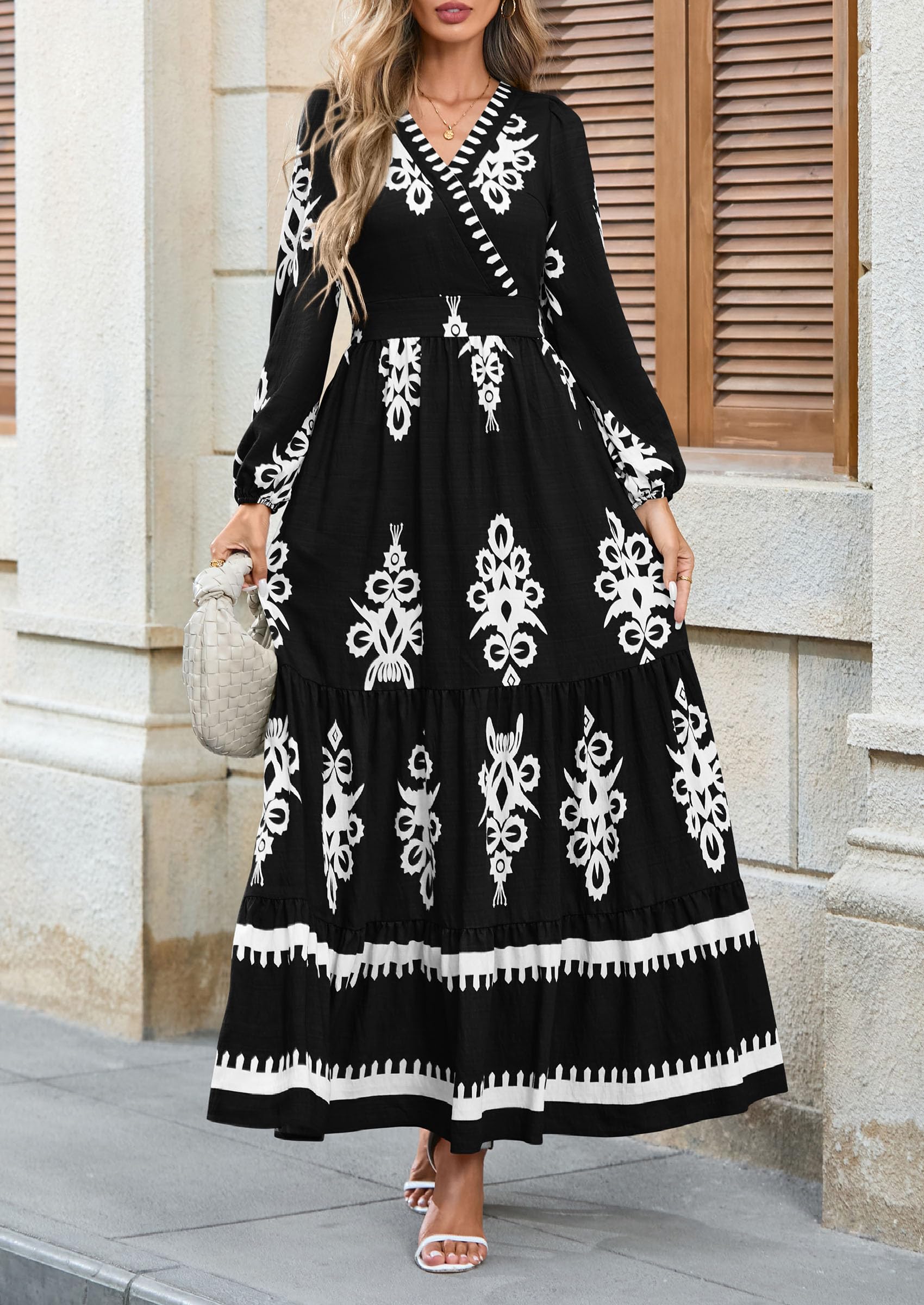 PRETTYGARDEN Women's Fall Wedding Guest Dresses Boho Floral Long Sleeve V Neck Flowy Elegant Maxi Dress Beach Clothes