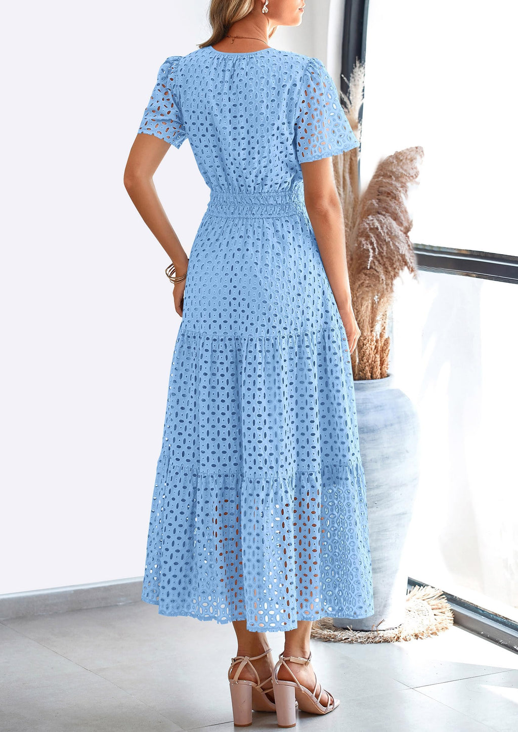PRETTYGARDEN Womens Summer Maxi Dress Short Sleeve V Neck Hollow Out Eyelet A Line Long Flowy Beach Vacation Dresses