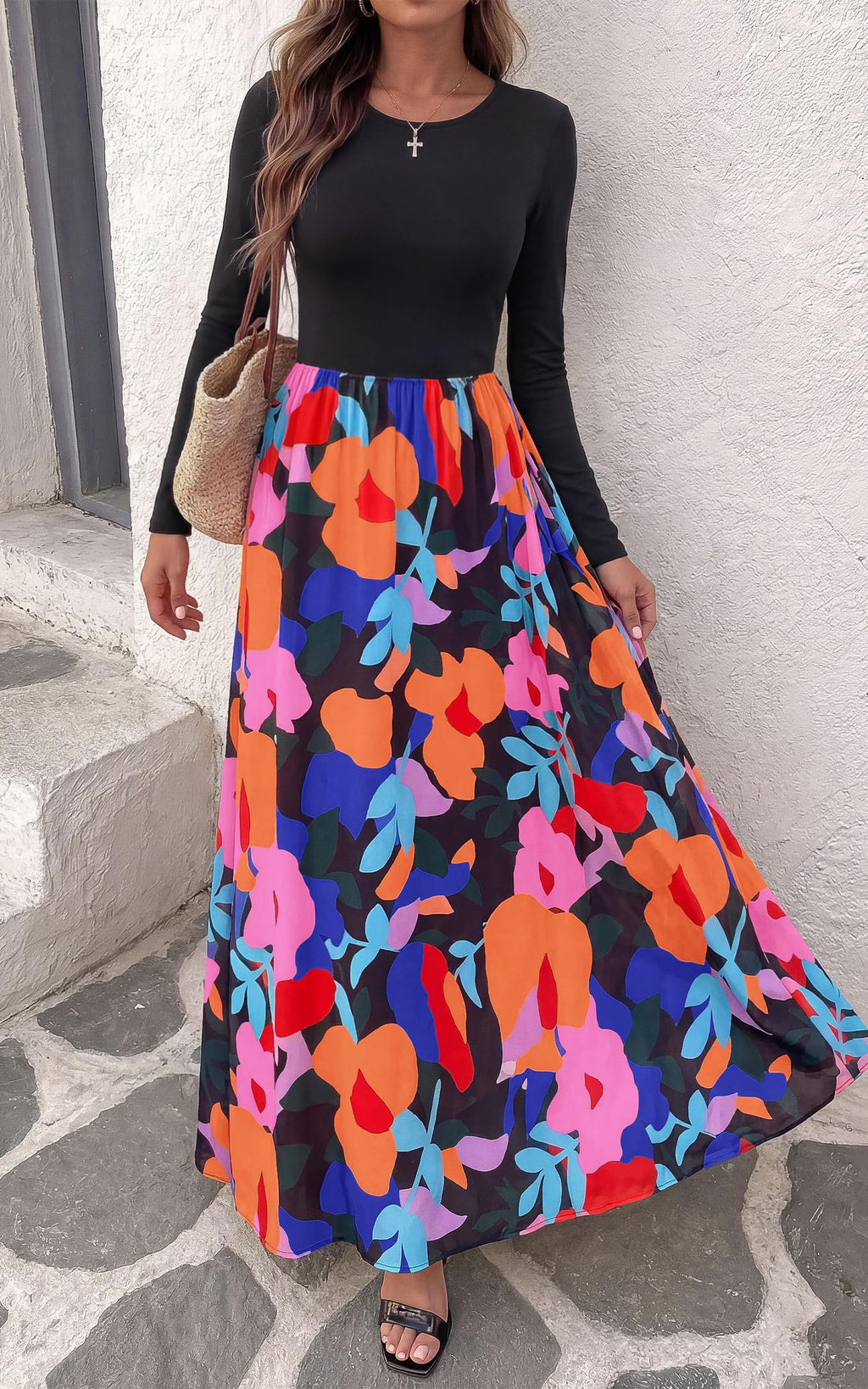 FreshPretty Women's Long Sleeve Boho Floral Flowy Fall Maxi Dress,Wedding Guest Dress,Elegant A Line Swing Bohemian Long Dresses with Pockets,Church Garden Party Resort Cruise Vacation Dress