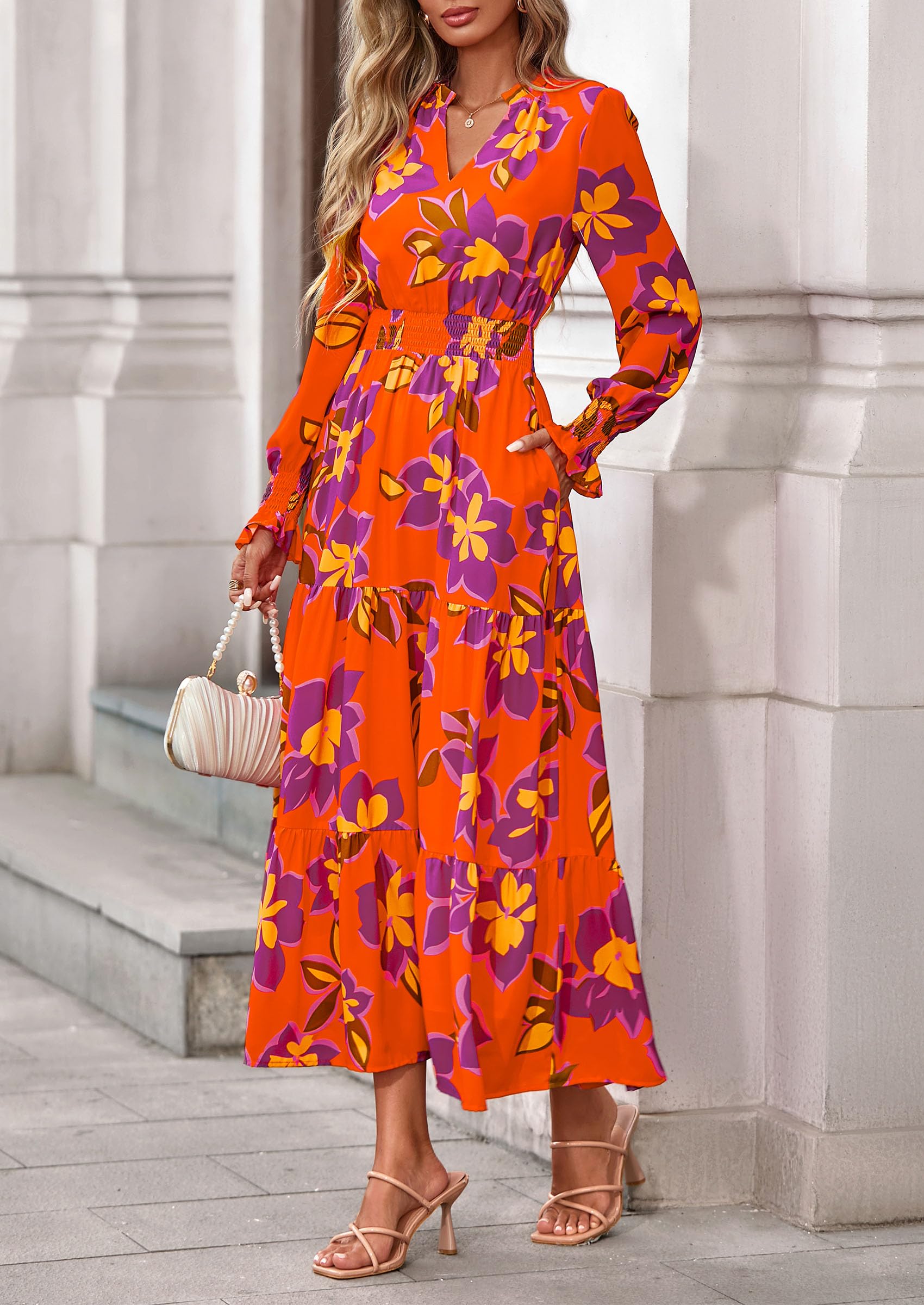 PRETTYGARDEN Women's Floral Maxi Dress Fall Long Sleeve V Neck Casual A Line Long Flowy Boho Party Dresses