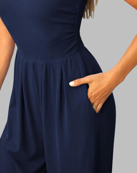 FreshPretty Womens Jumpsuit Dressy Casual Summer Outfits One Piece Cap Sleeve Mock Neck Wide Leg Pants Rompers with Pockets