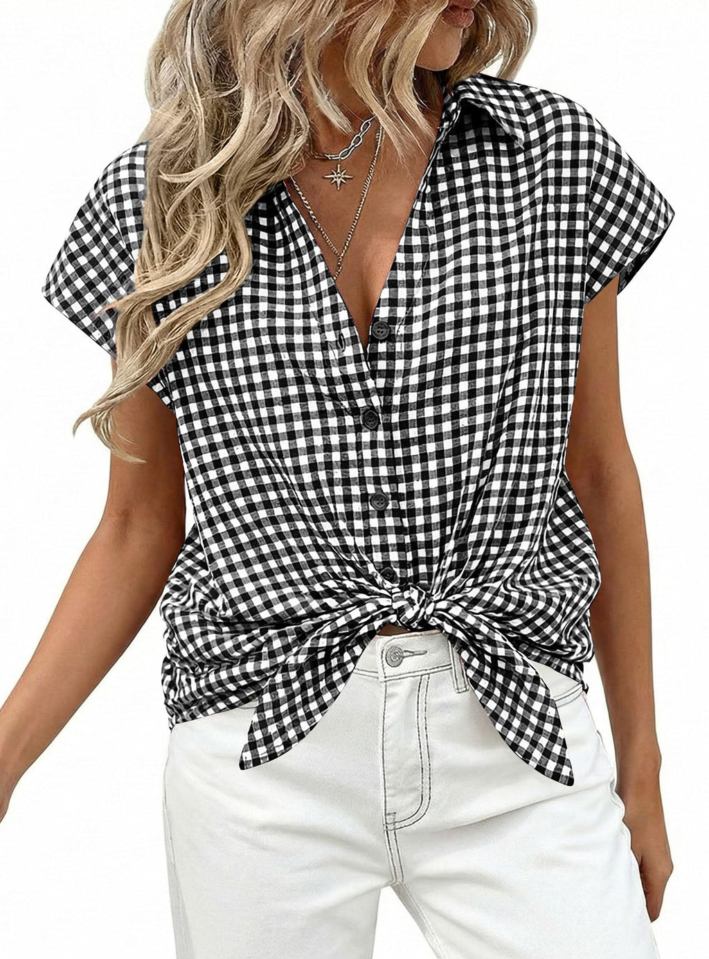PRETTYGARDEN Womens Short Sleeve Shirts Plaid Button Down Blouse Dressy Casual Summer Spring Business Gingham Work Tops