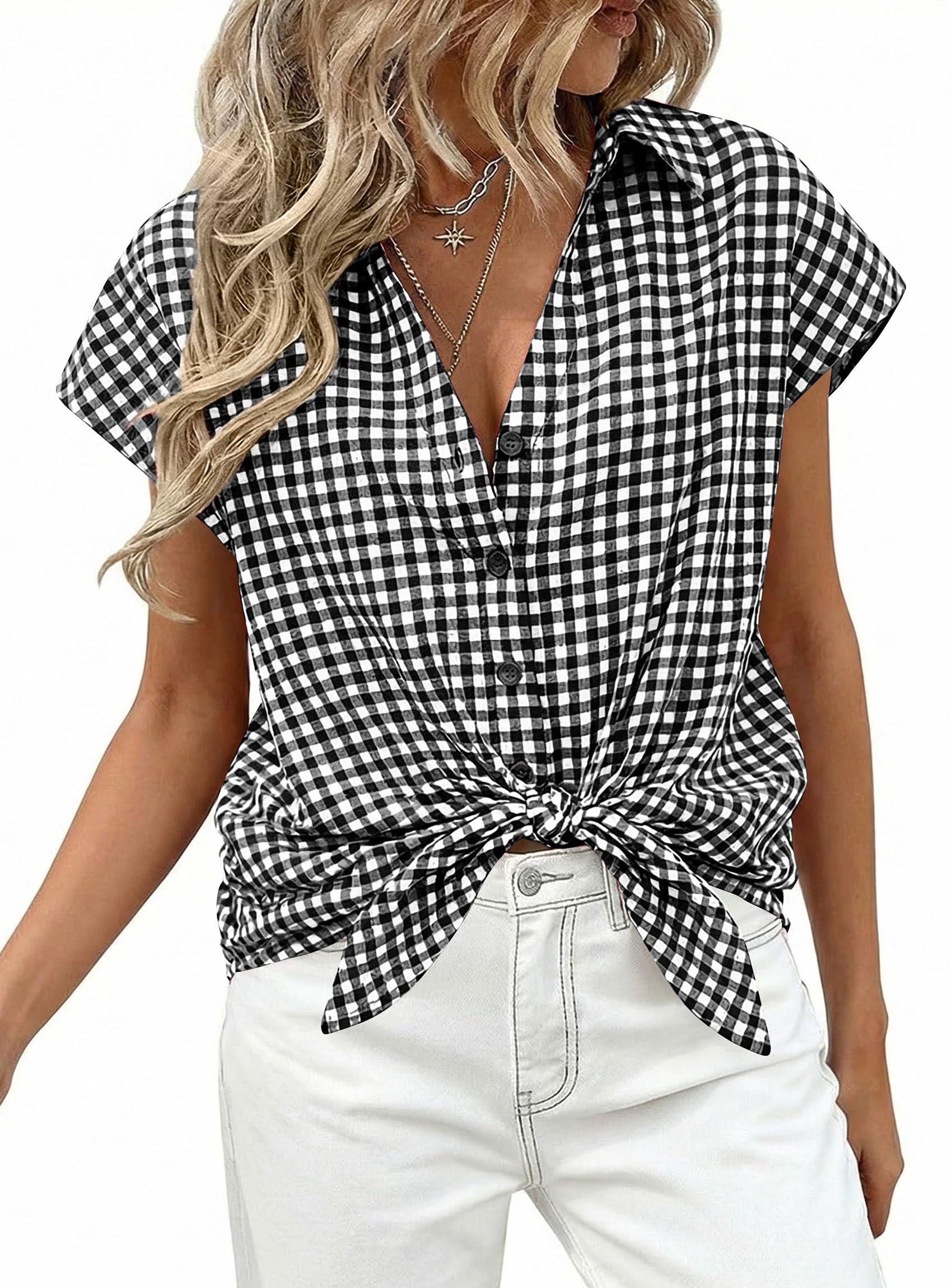 PRETTYGARDEN Womens Short Sleeve Shirts Plaid Button Down Blouse Dressy Casual Summer Spring Business Gingham Work Tops