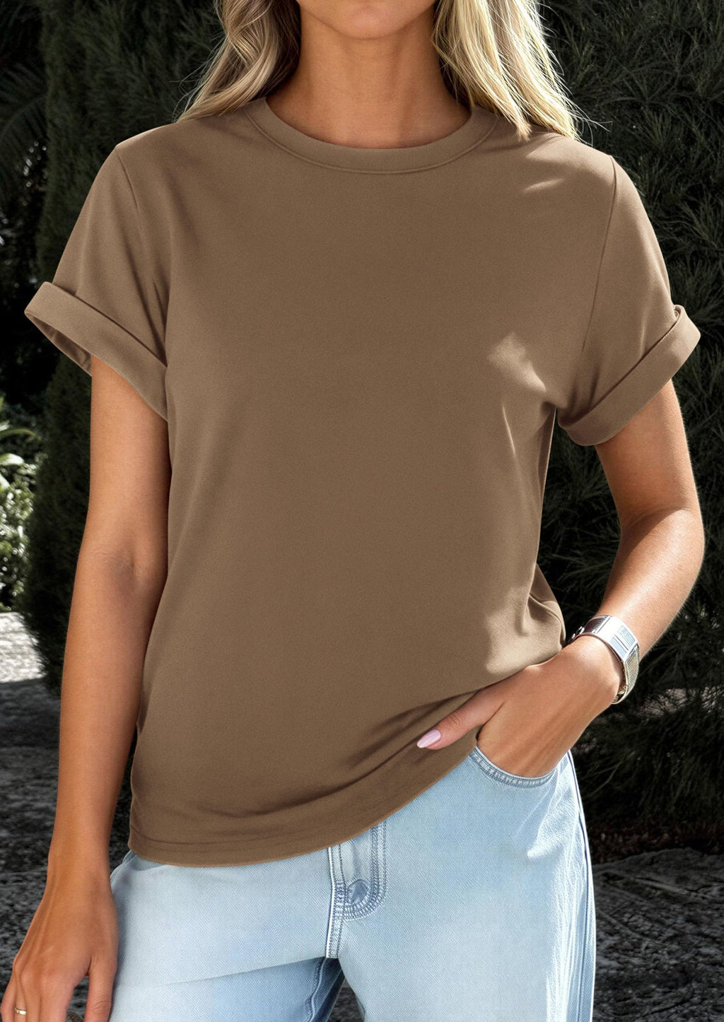 PRETTYGARDEN Womens Summer Tops Spring Casual Rolled Short Sleeve Basic Tees Crew Neck Work Shirts Fashion Clothing