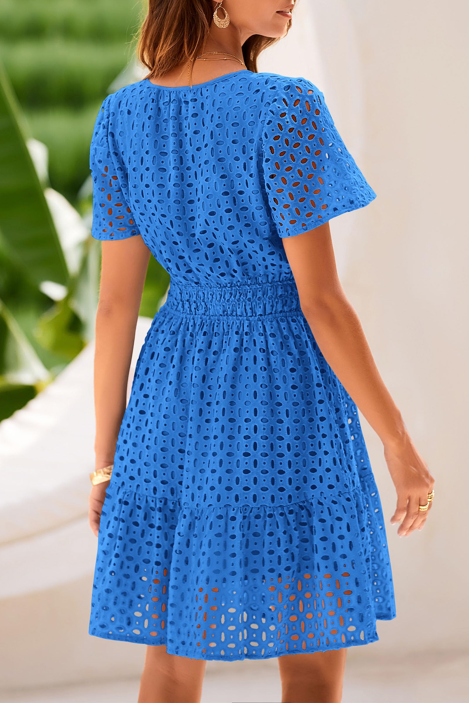 PRETTYGARDEN Womens Summer Short Dress V Neck Short Sleeve A Line Hollow Out Lace Ruffle Cute Casual Beach Party Dresses