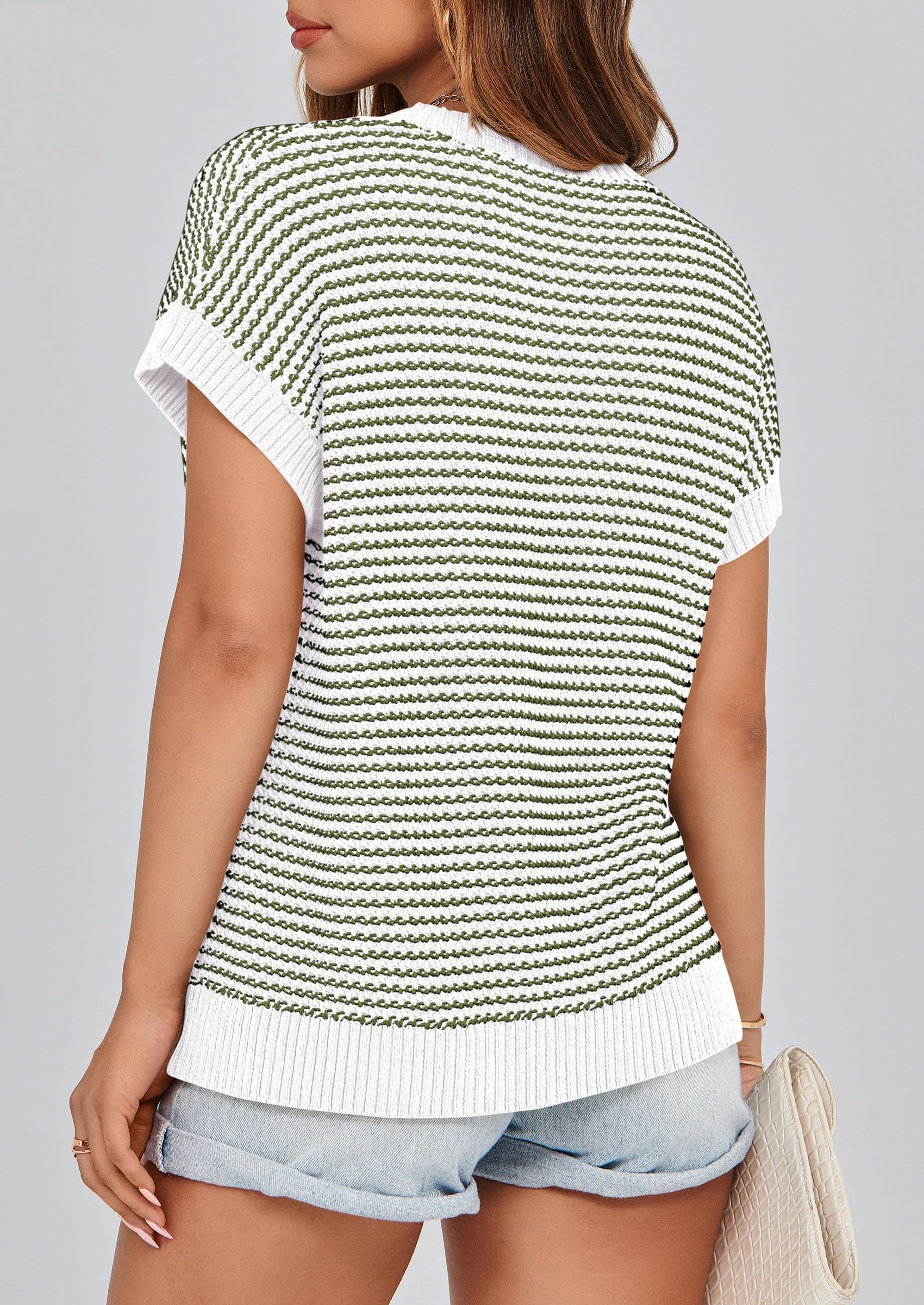 PRETTYGARDEN Womens Short Sleeve Sweater Spring Summer Round Neck Striped Pullover Cap Sleeve Knit Sweater Vest Tops