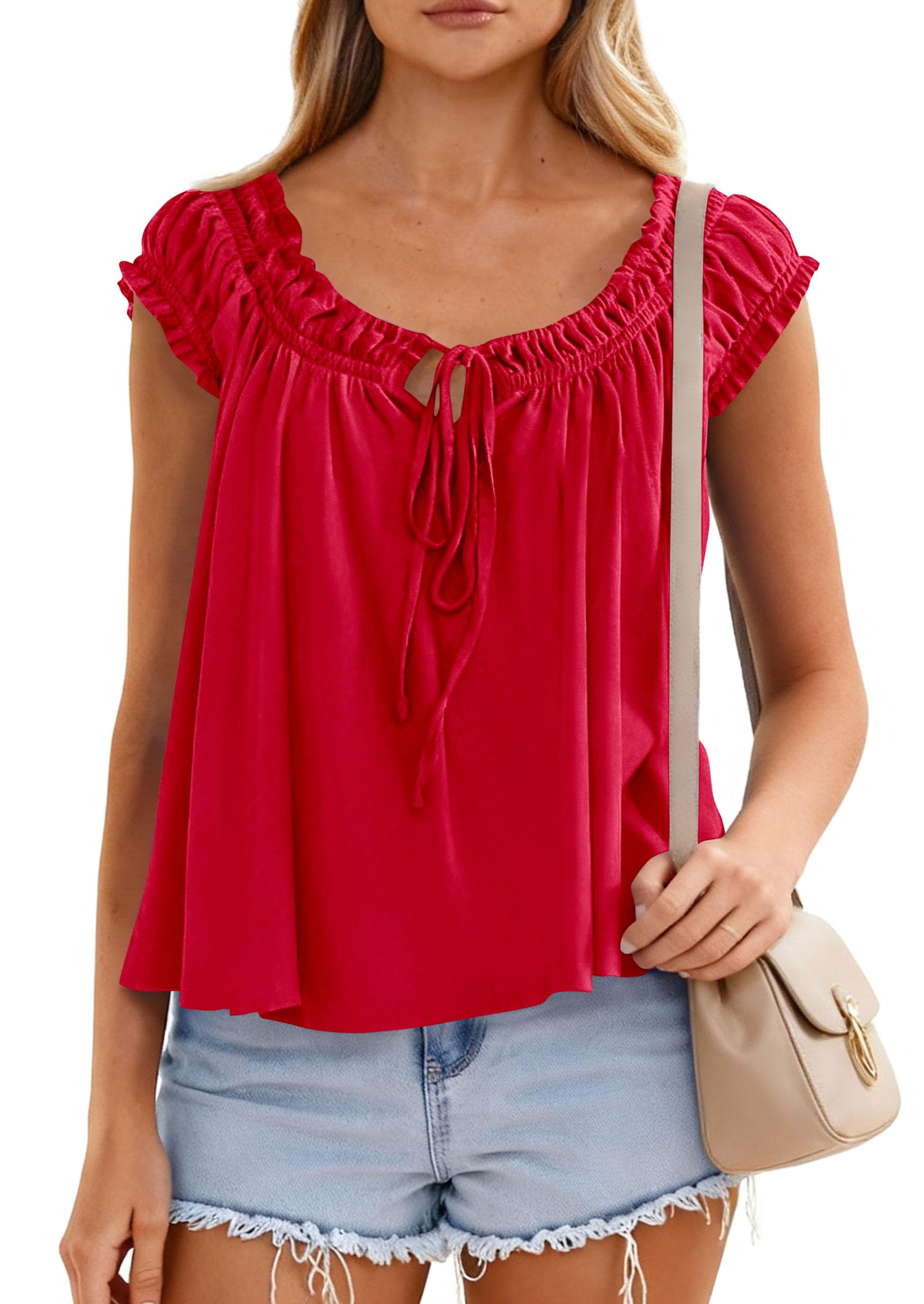 PRETTYGARDEN Women Babydoll Tops Summer Clothes Cap Sleeve Tie Front Flowy Tank Top Peplum Blouses Cute Going Out Shirts