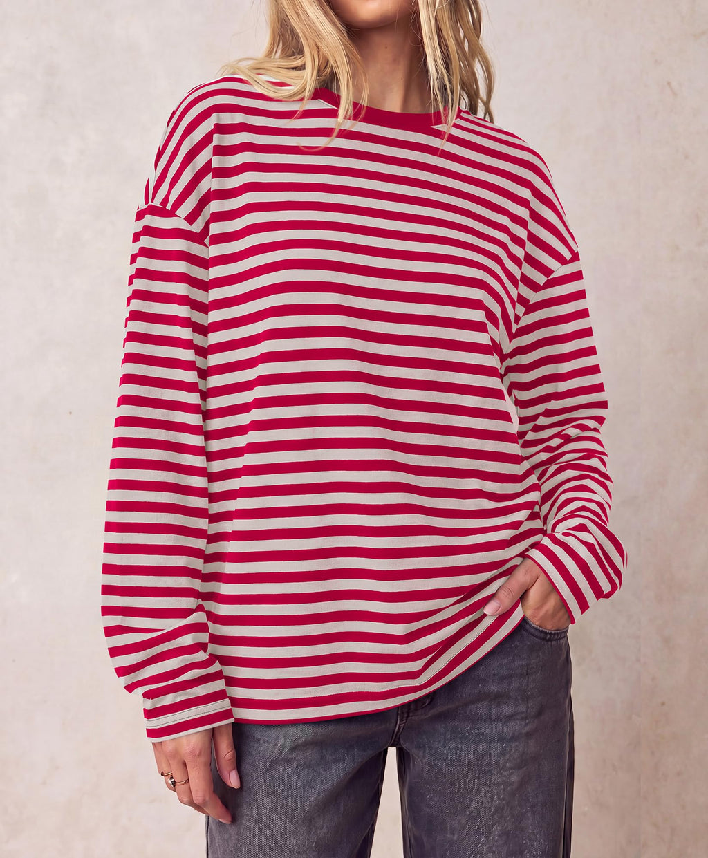 BTFBM Womens Long Sleeve Tops Fall Fashion | Lightweight, Crew Neck, Oversized Striped Shirt Women, Y2k Clothes, Vacation Travel Outfits, Going Out Top, Winter Layering